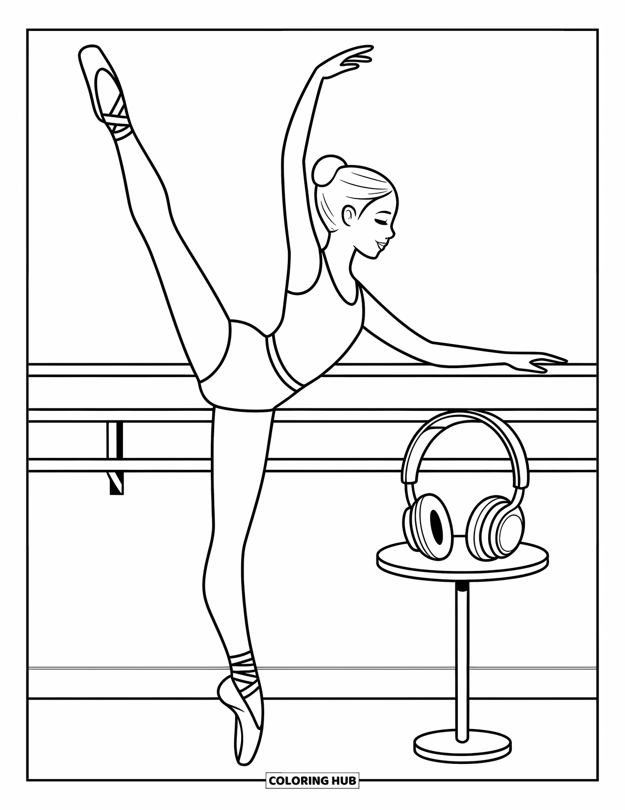 Ballerina Coloring Page for Kids: A ballerina warms up at the barre as headphones sit quietly nearby
