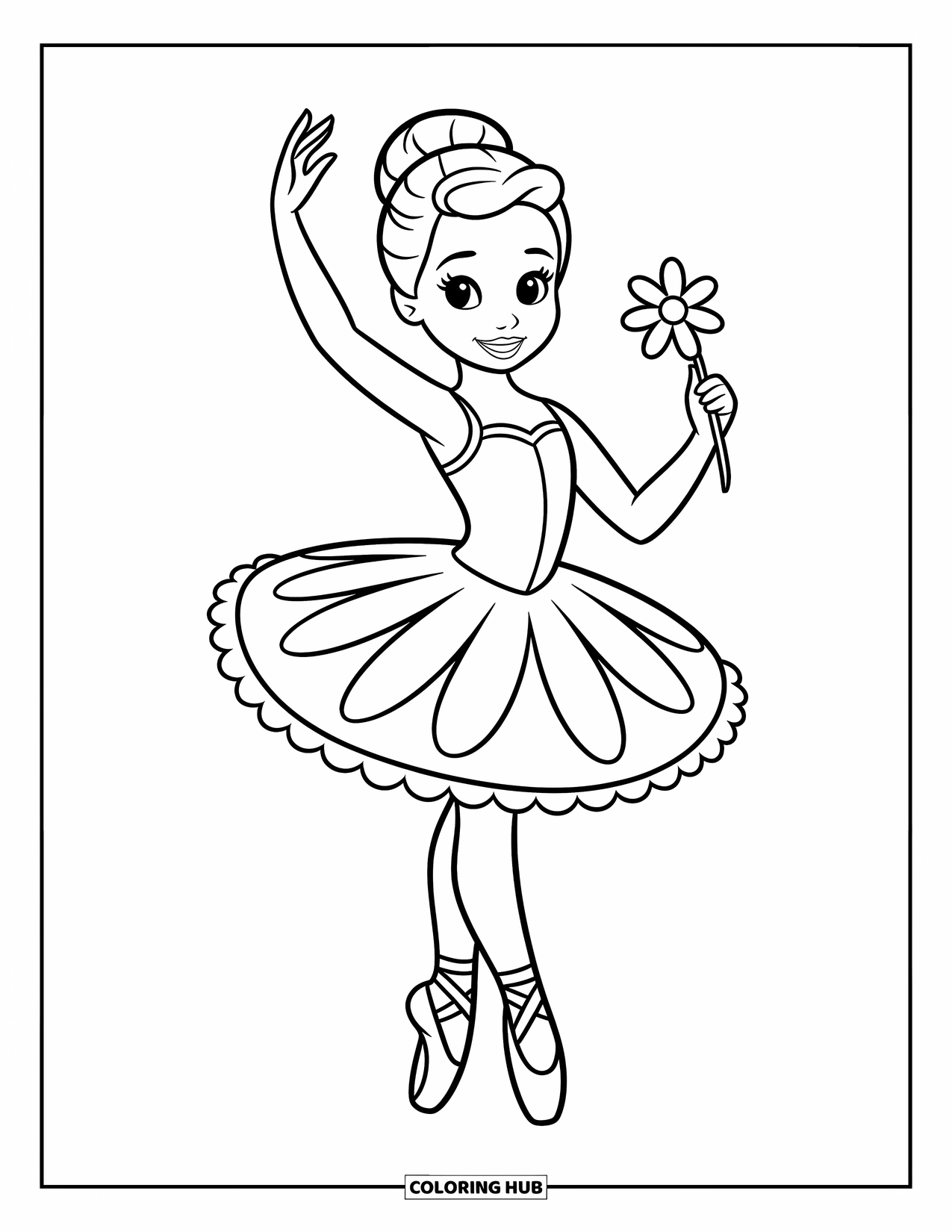 Ballerina Coloring Page for Kids: A ballerina waves sweetly while holding a flower with gentle charm