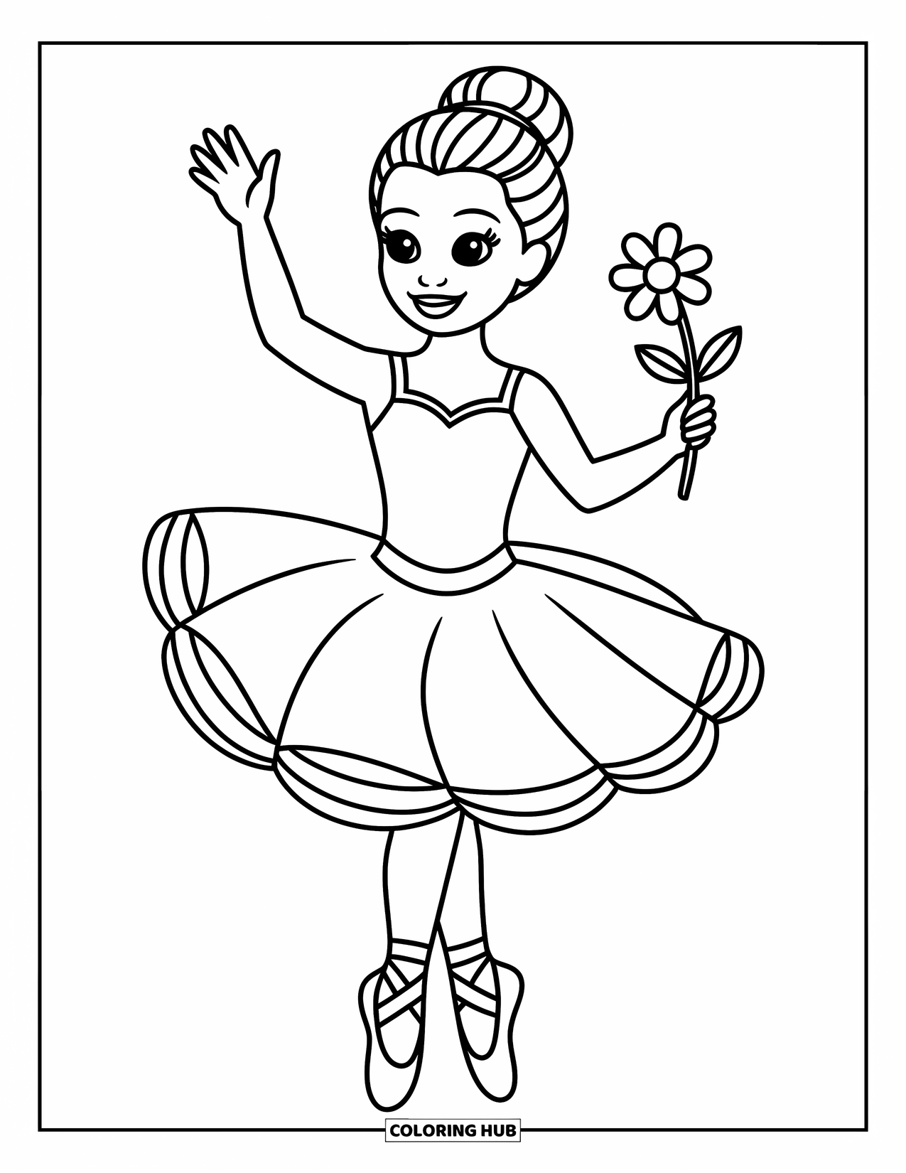Ballerina Coloring Page for Kids: A ballerina waves with one hand while holding a flower in the other