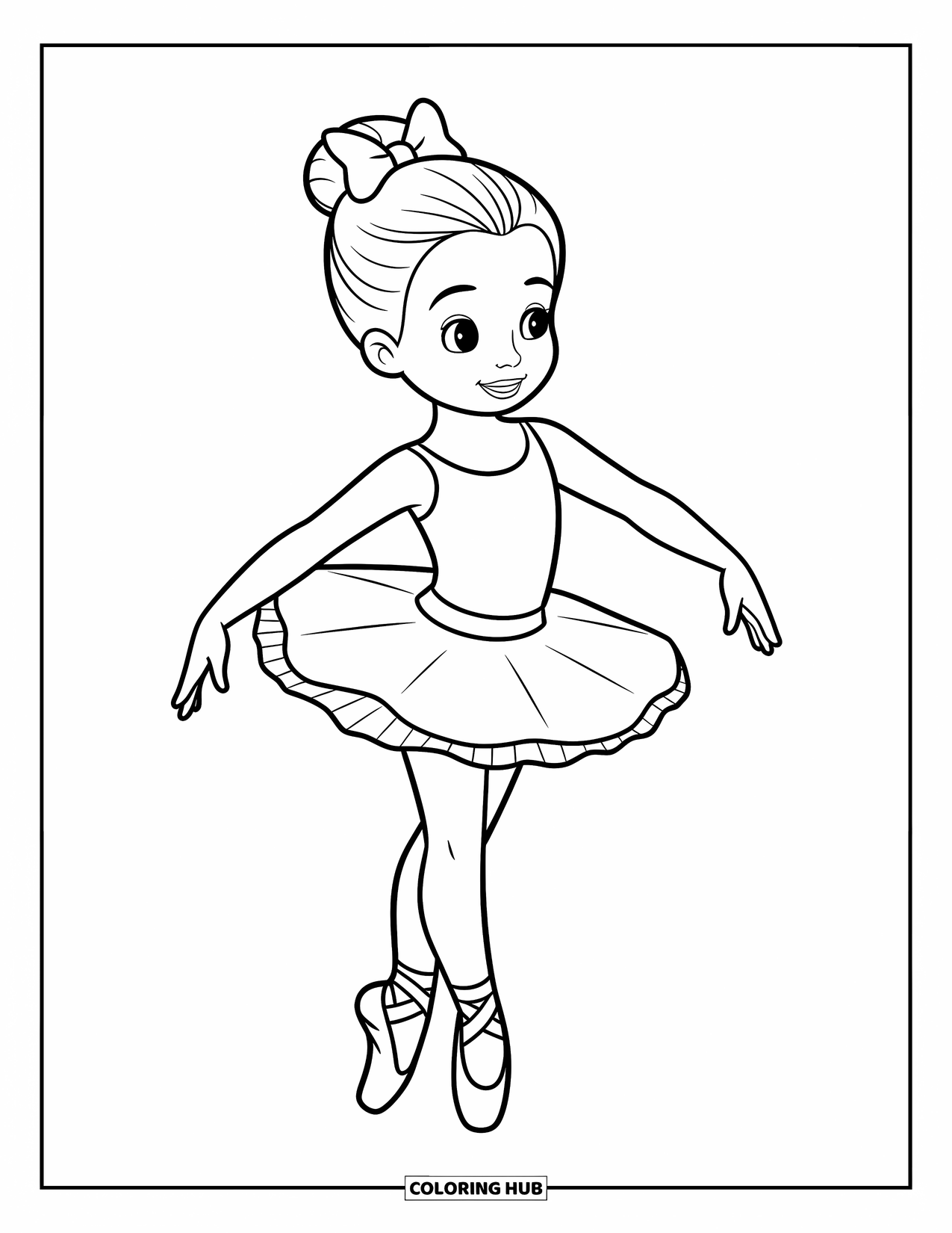 Ballerina Coloring Page for Kids: A ballerina with a bow practices a pose with calm focus and charm