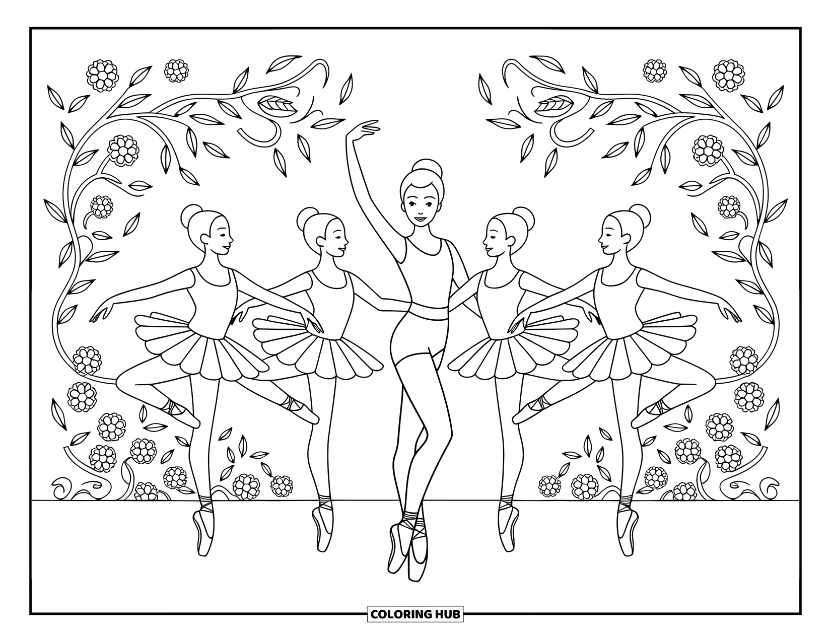 Ballerina Coloring Page for Kids: A ballet teacher guides three ballerinas into Arabesque, surrounded by flowing vines and flowers
