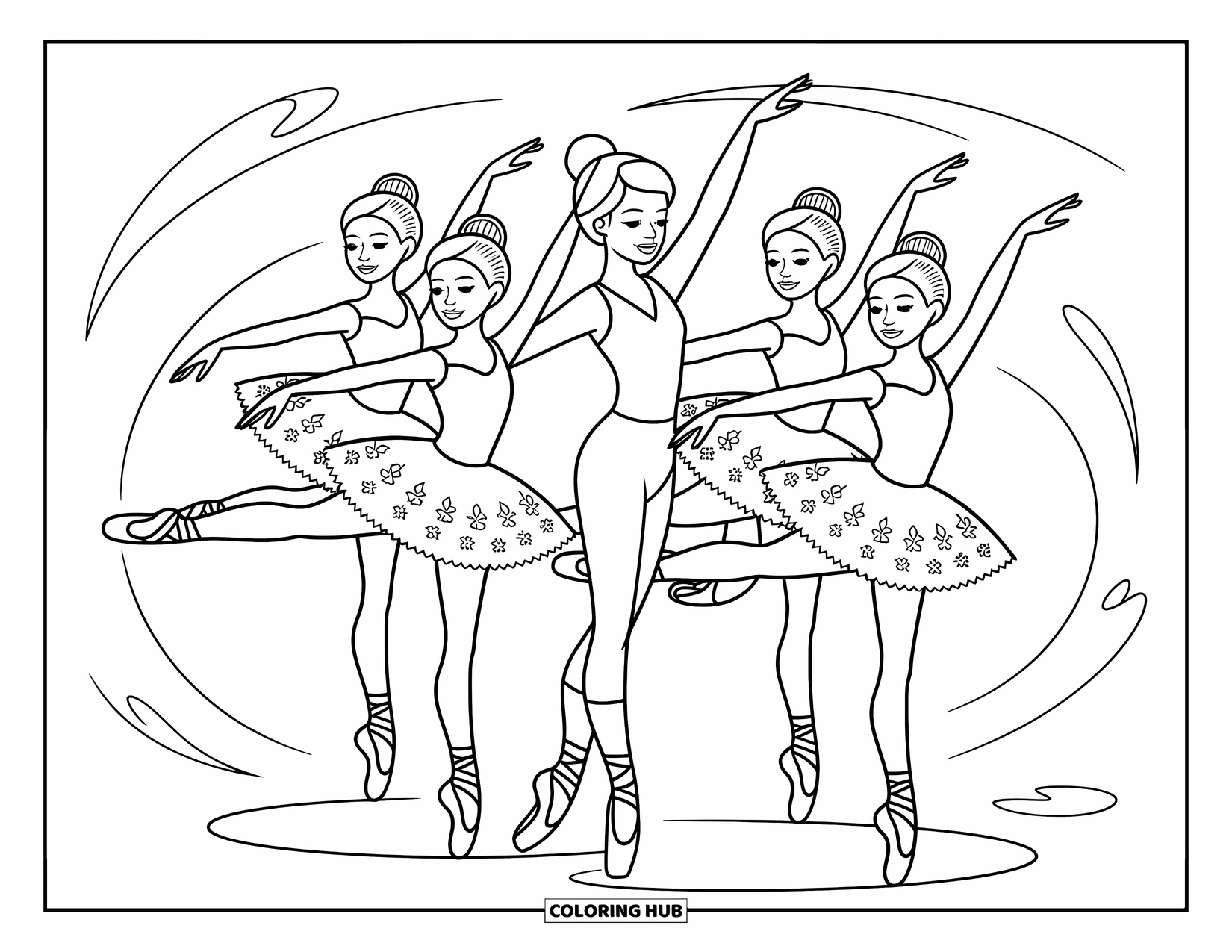 Ballerina Coloring Page for Kids: A ballet teacher helps three ballerinas pose with graceful arms and swirling floral accents