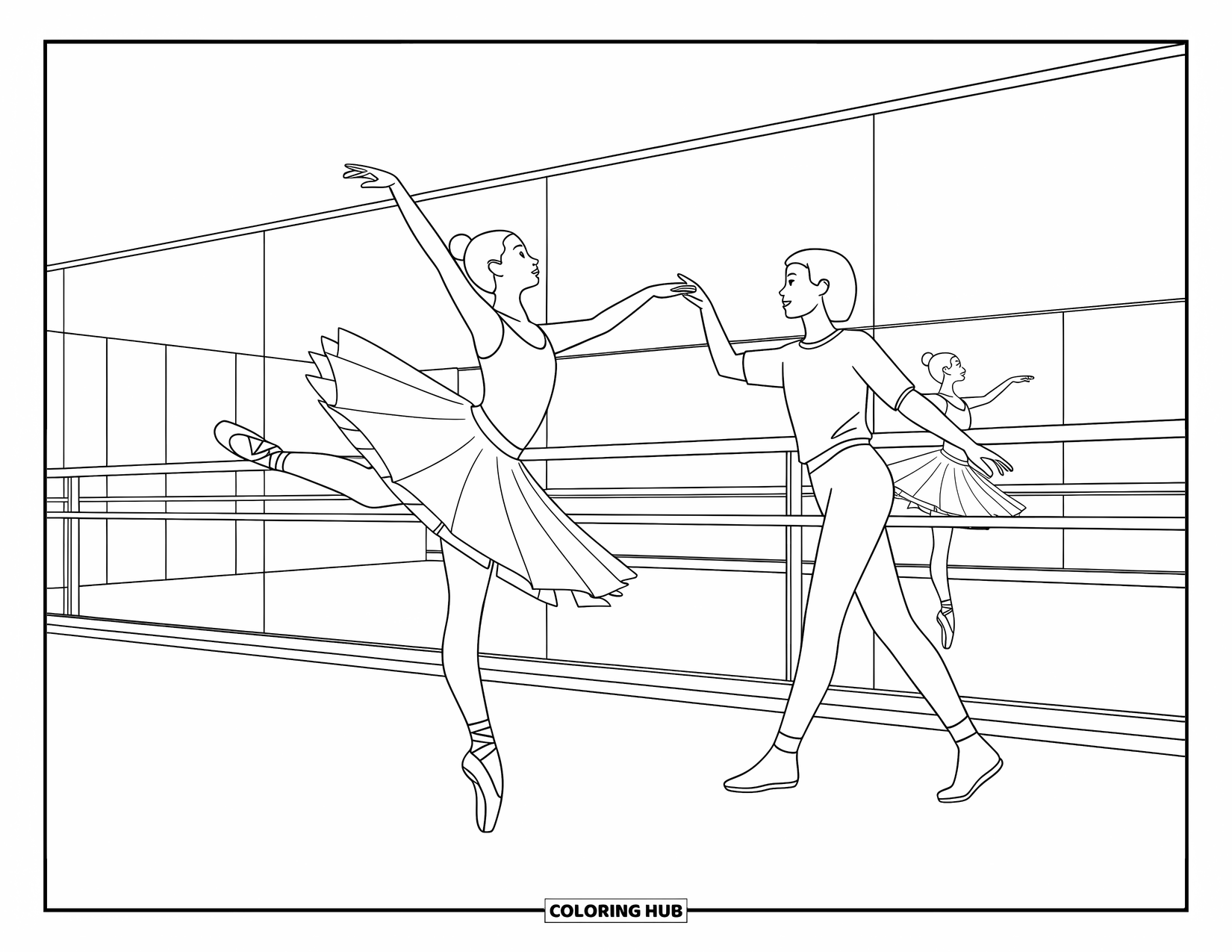 Ballerina Coloring Page for Kids: One ballerina leaps while her friend supports her, both captured mid-movement in a bright studio