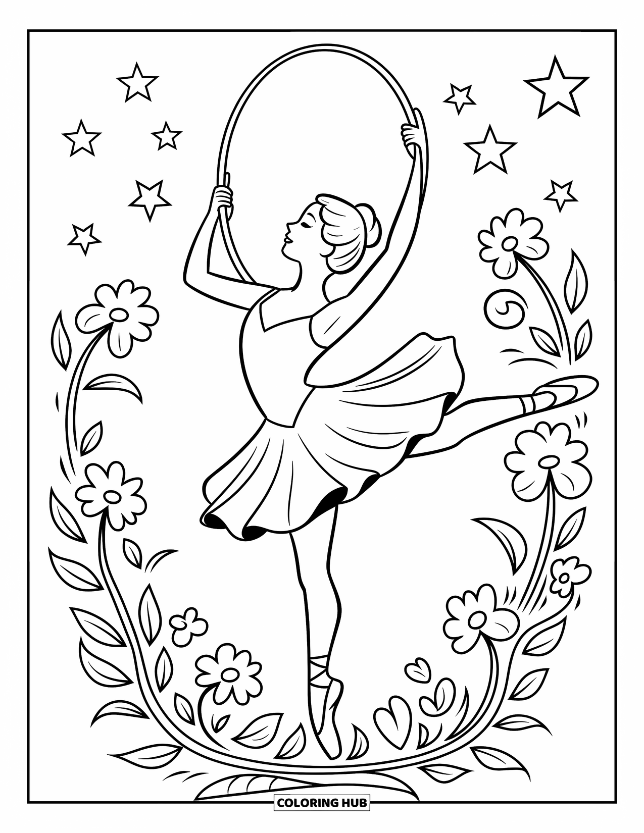 Ballerina Coloring Page for Kids: One dancer lifts a hoop as another leaps through surrounded by stars and flowers