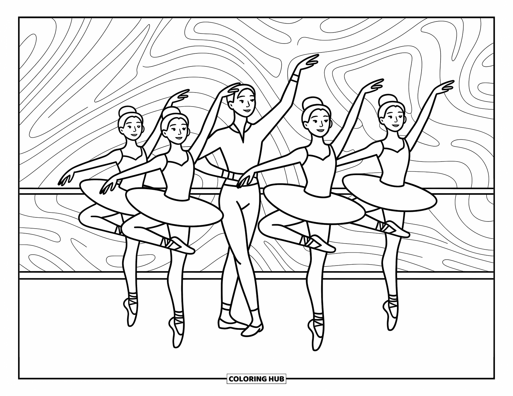 Ballerina Coloring Page for Kids: Three ballerinas follow their teacher's lead, with swirling patterns echoing their graceful movements