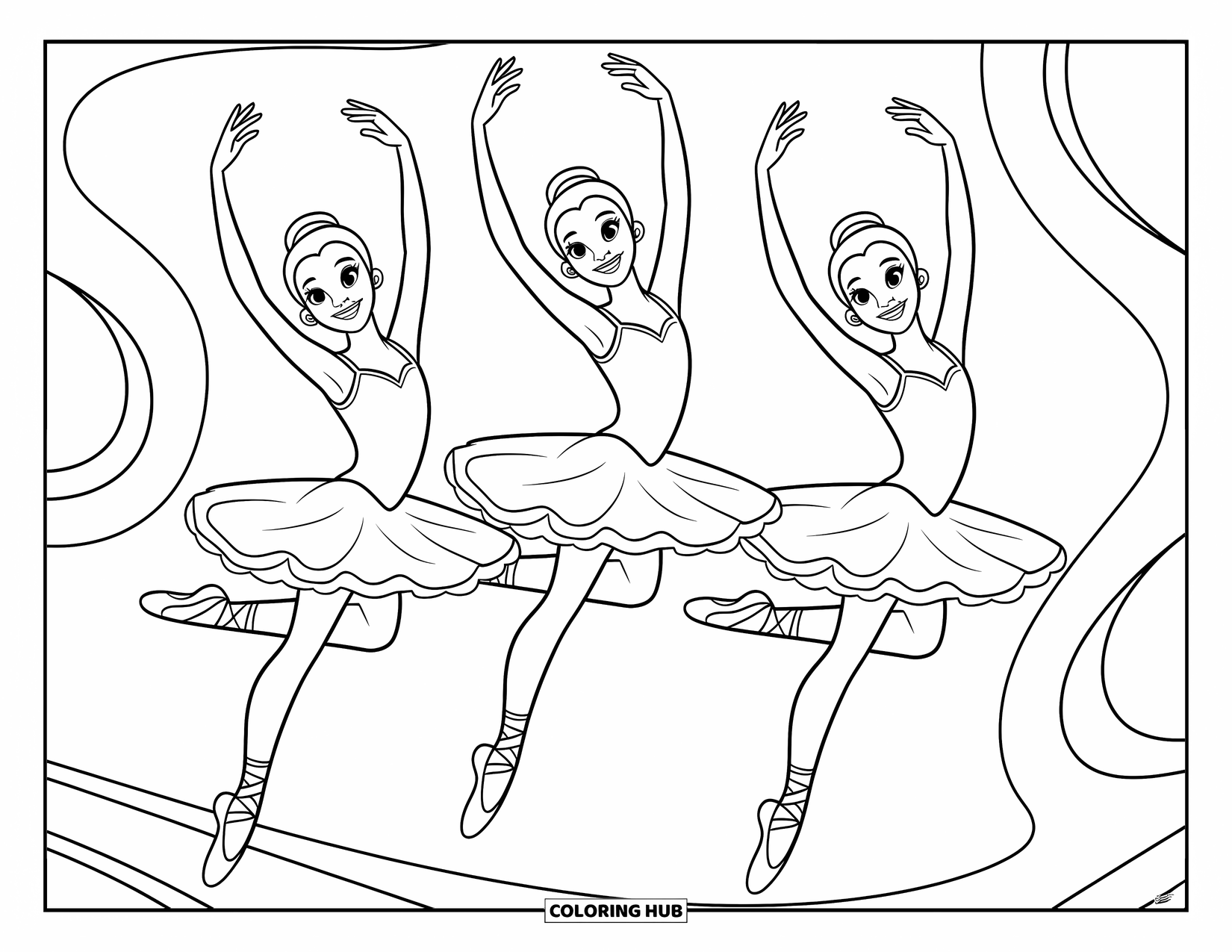 Ballerina Coloring Page for Kids: Three ballerinas jump joyfully as swirling patterns dance behind them