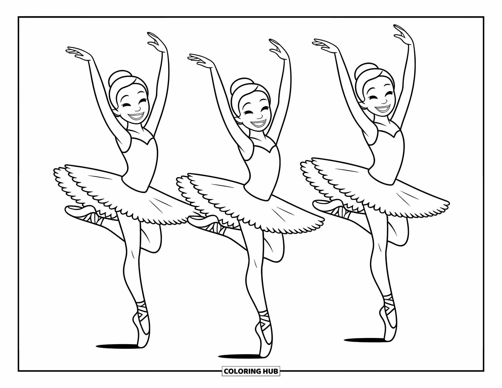Ballerina Coloring Page for Kids: Three ballerinas leap across the scene with graceful arms and playful energy