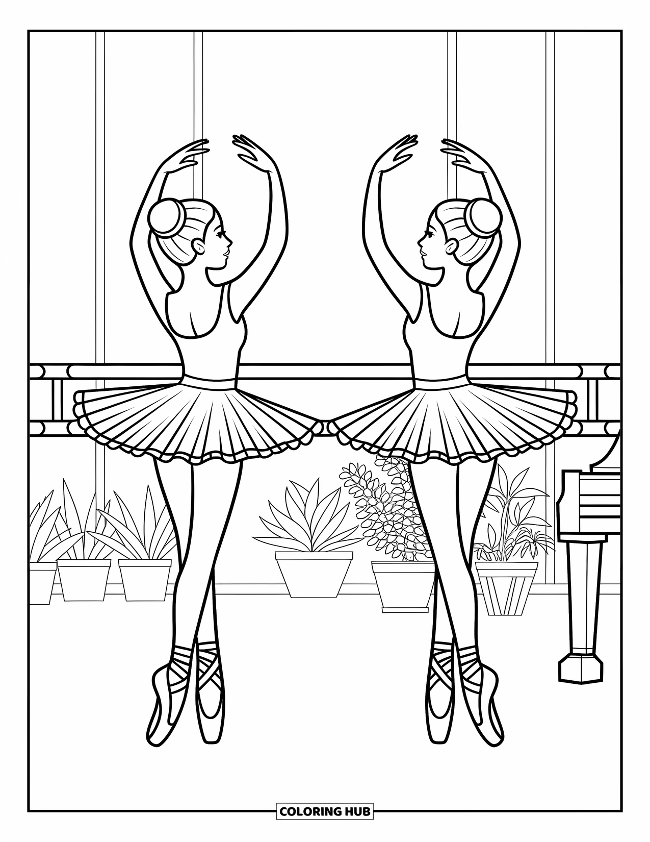 Ballerina Coloring Page for Kids: Two ballerinas dance in front of a mirror beside plants and a grand piano