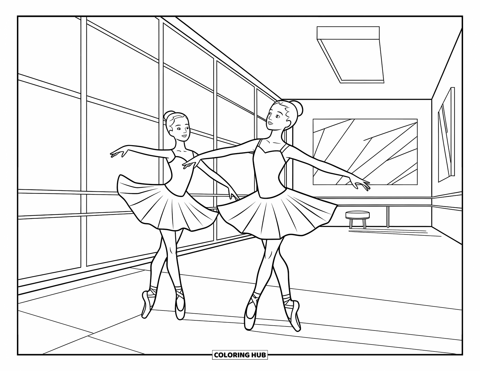 Ballerina Coloring Page for Kids: Two ballerinas practice together, surrounded by soft light and modern studio details