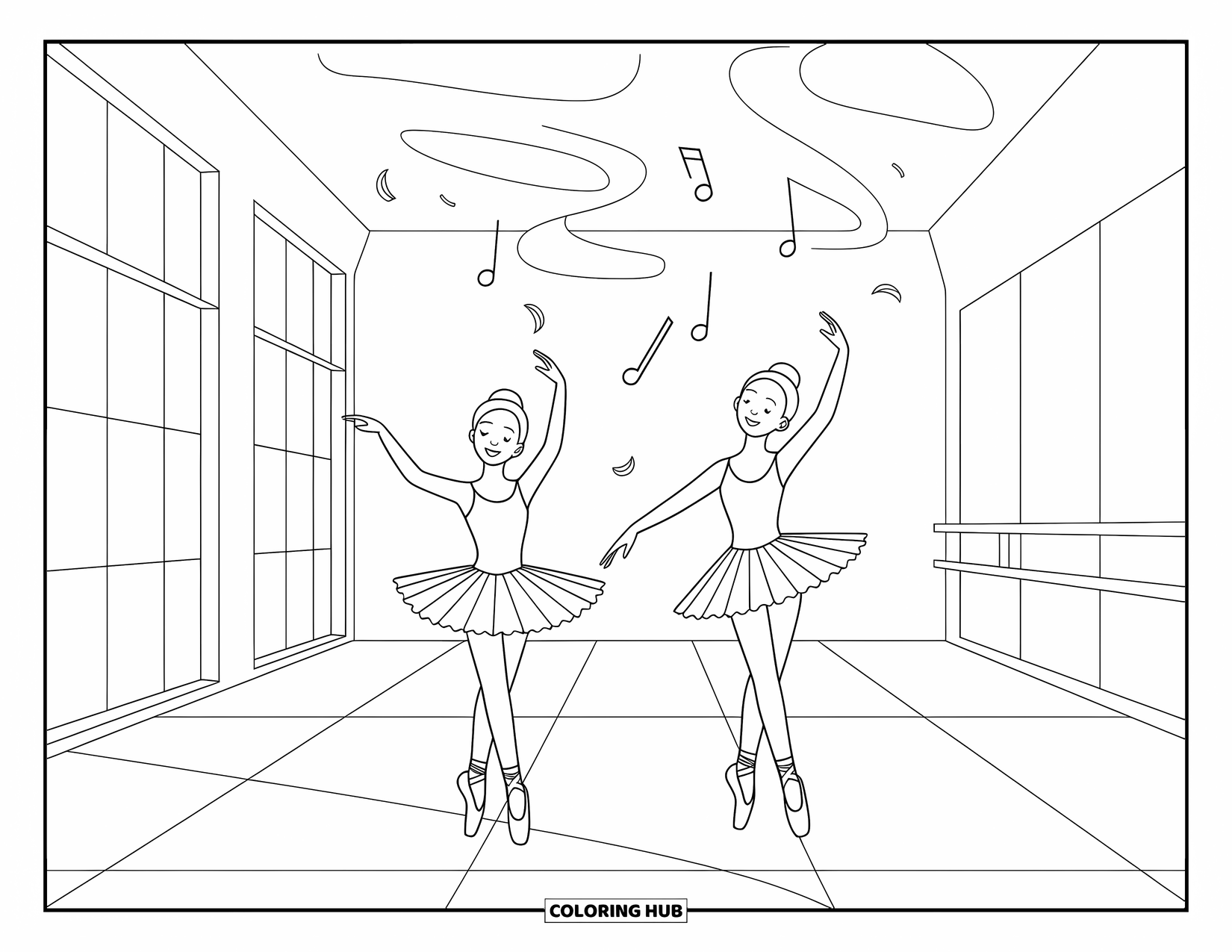 Ballerina Coloring Page for Kids: Two friends dance in a studio, surrounded by music notes and gentle flowing shapes