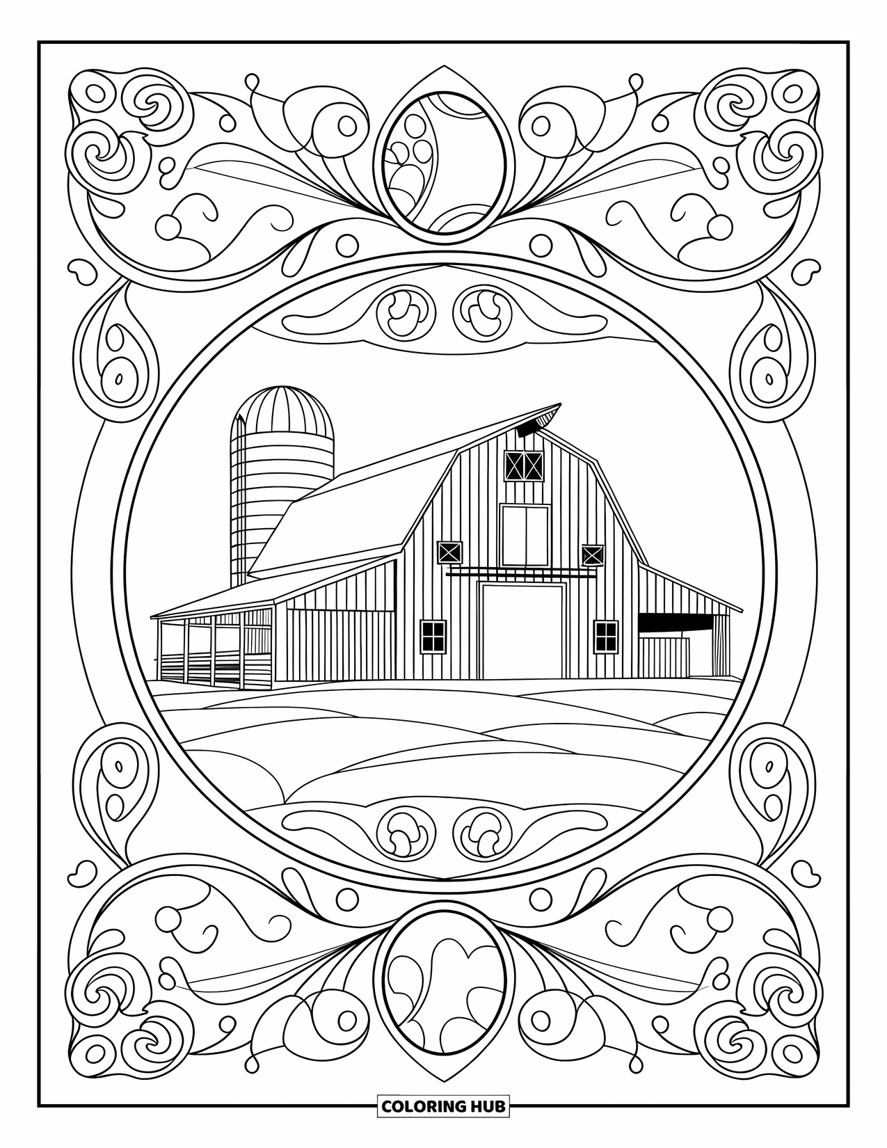 Barn Coloring Page for Adults: A barn and silo sit at the center of curls and paisley farm motifs