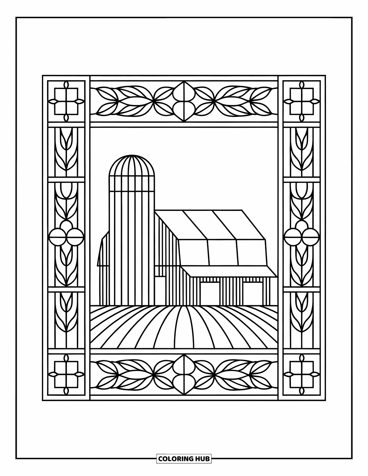 Barn Coloring Page for Adults: A barn and silo sit inside a stained glass-style border of vines and crops