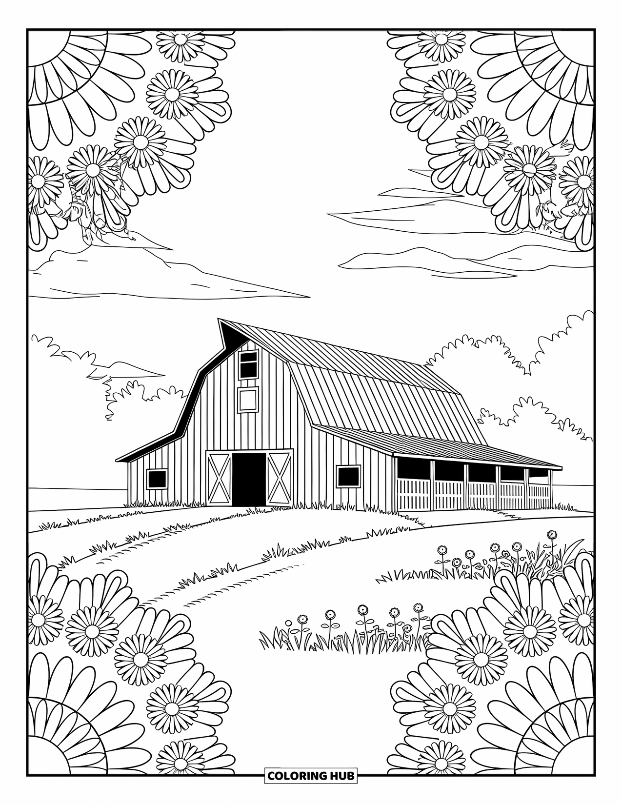 Barn Coloring Page for Adults: A barn in a grassy meadow is surrounded by sunny floral mandalas
