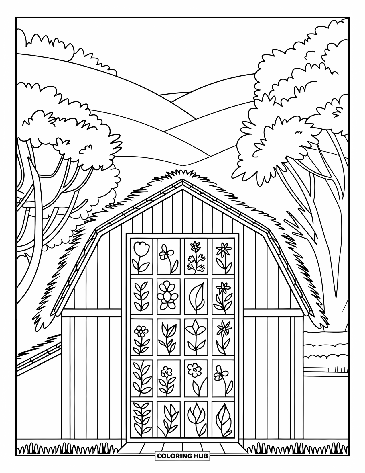 Barn Coloring Page for Adults: A barn sits among trees and hills with stained glass-style floral patterns