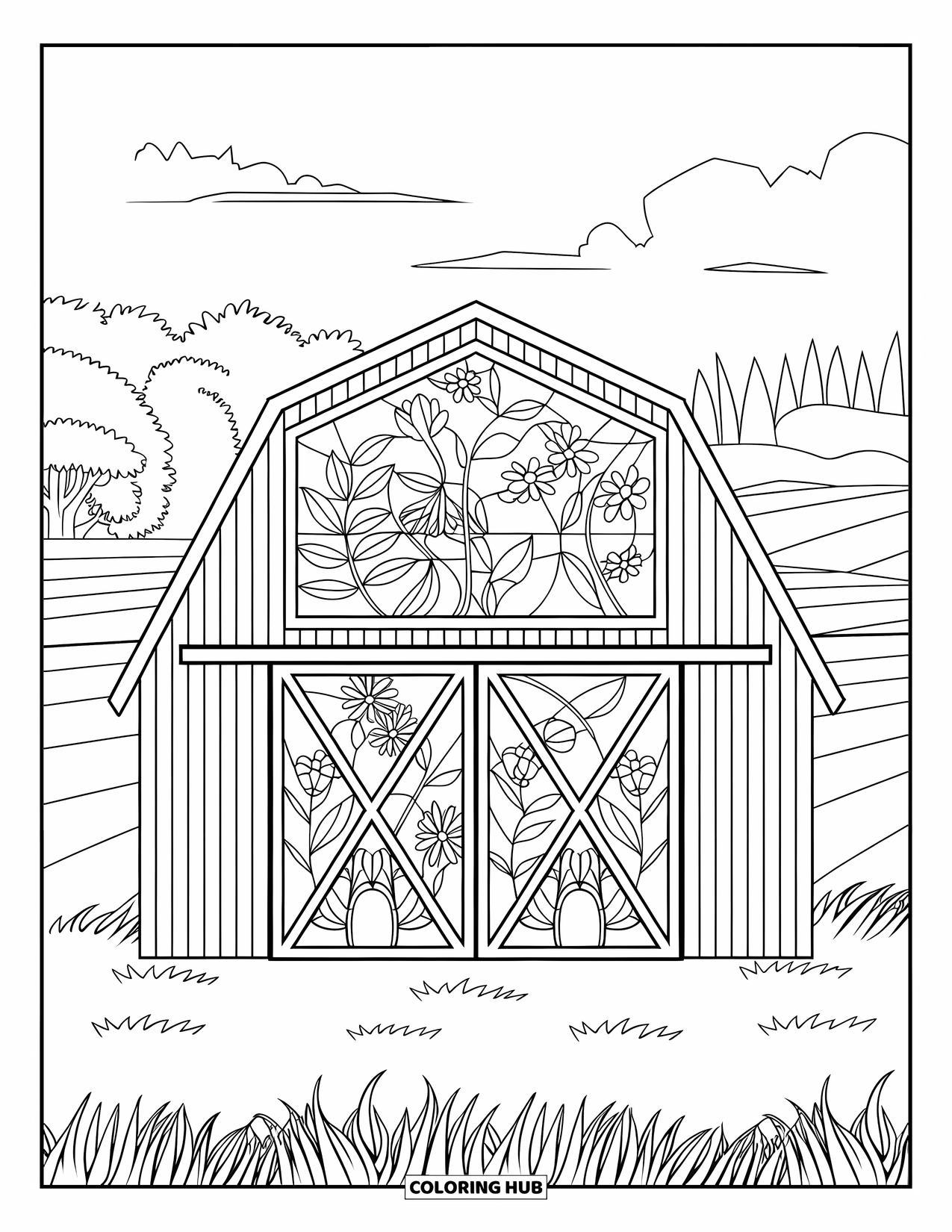 Barn Coloring Page for Adults: A barn stands in a field beneath a floral stained glass window design