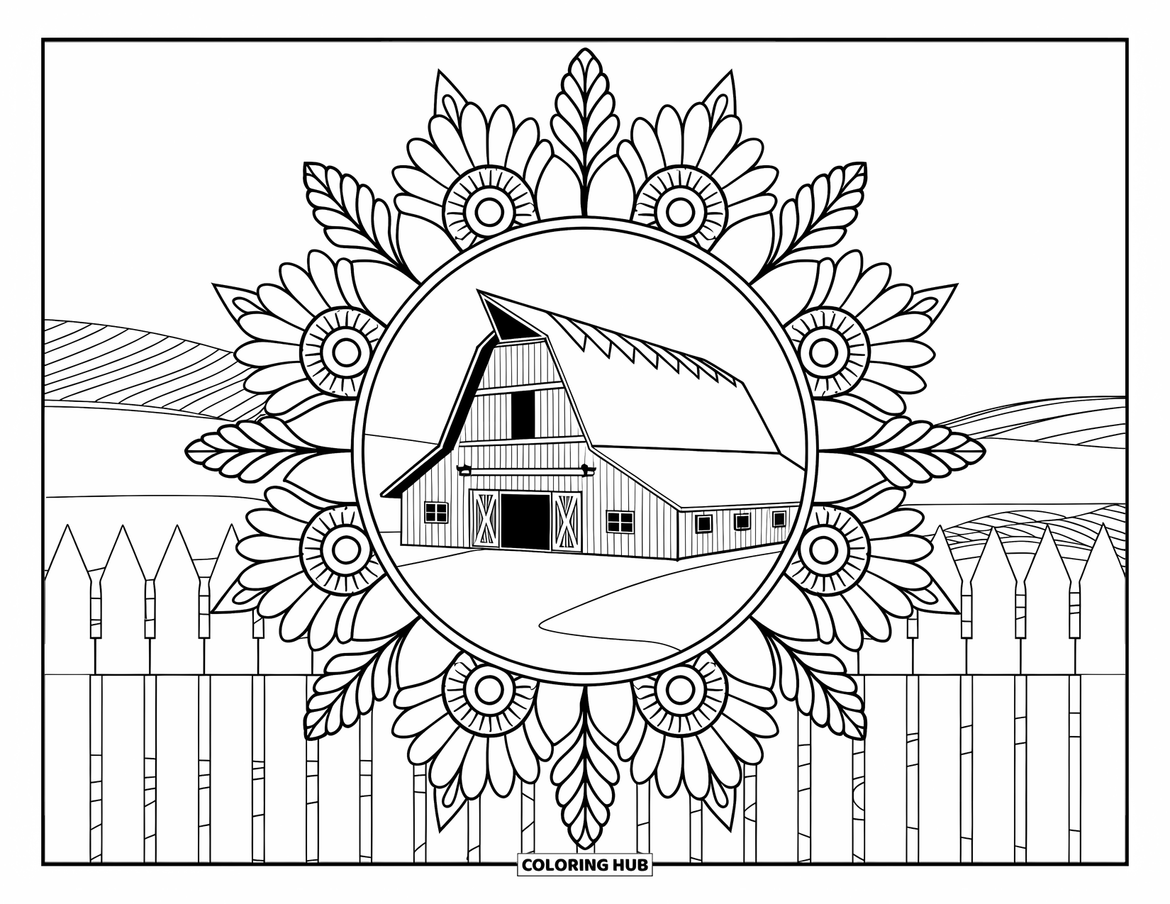 Barn Coloring Page for Adults: A barn with a picket fence is framed by mandala sunflowers and rolling hills