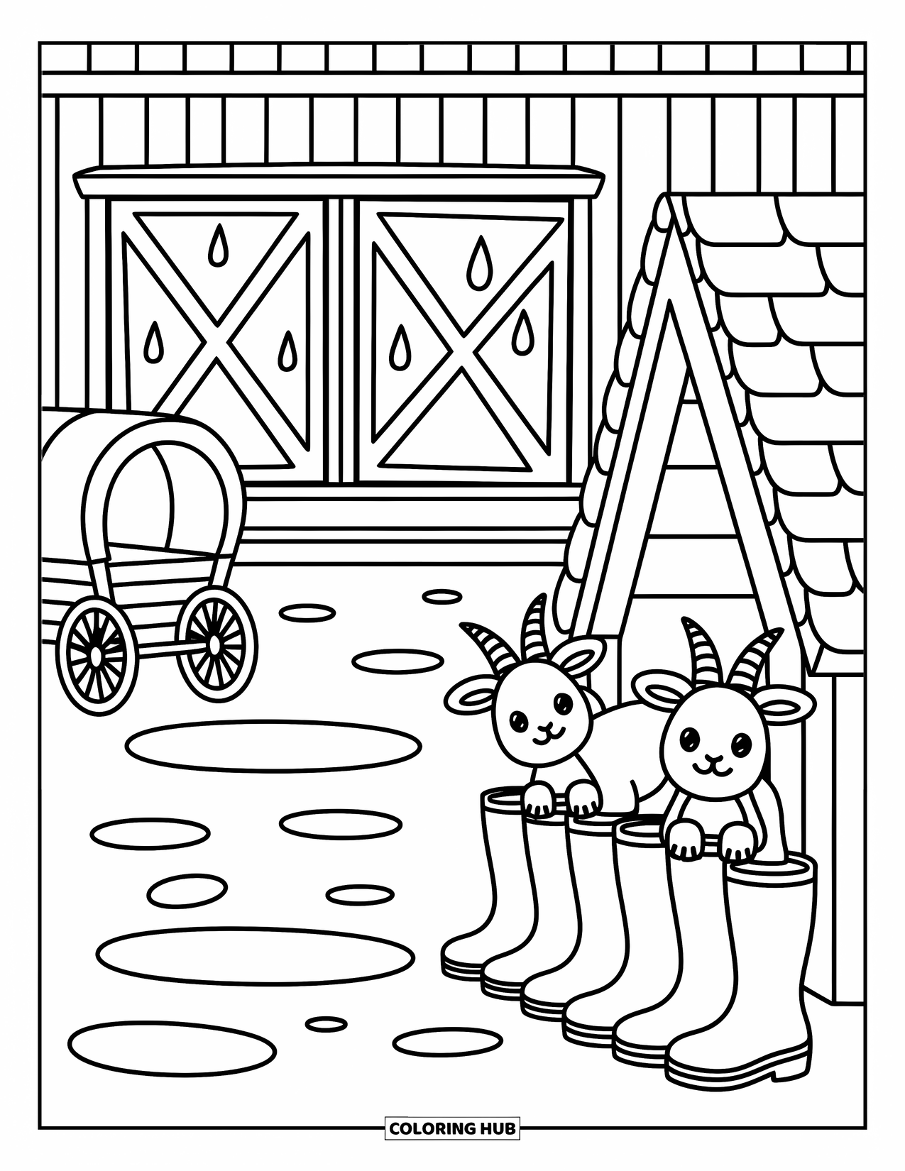 Barn Coloring Page for Adults: A covered wagon and goats rest beside a barn on a rainy day