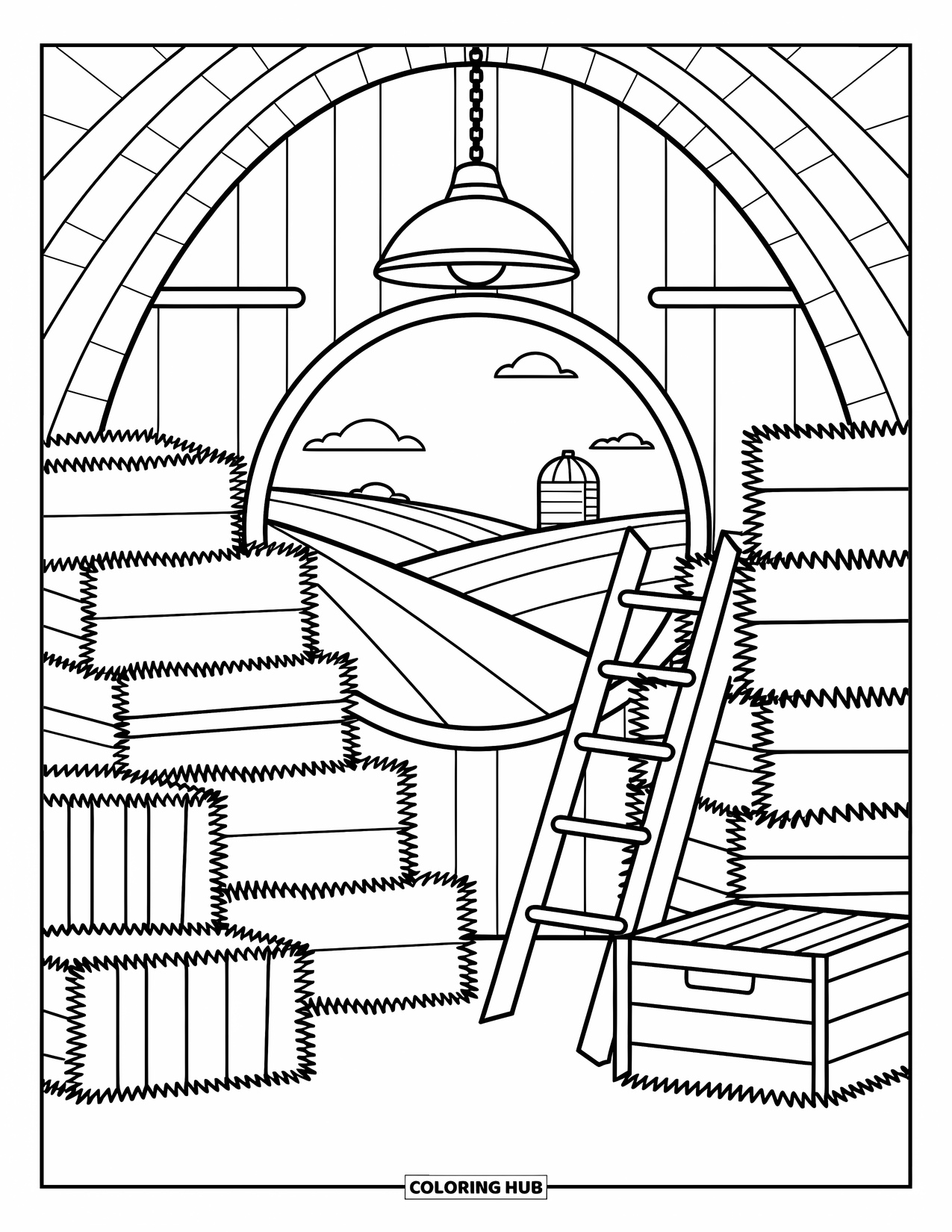 Barn Coloring Page for Adults: A cozy barn loft holds crates, hay, and a gentle lamp with a field view