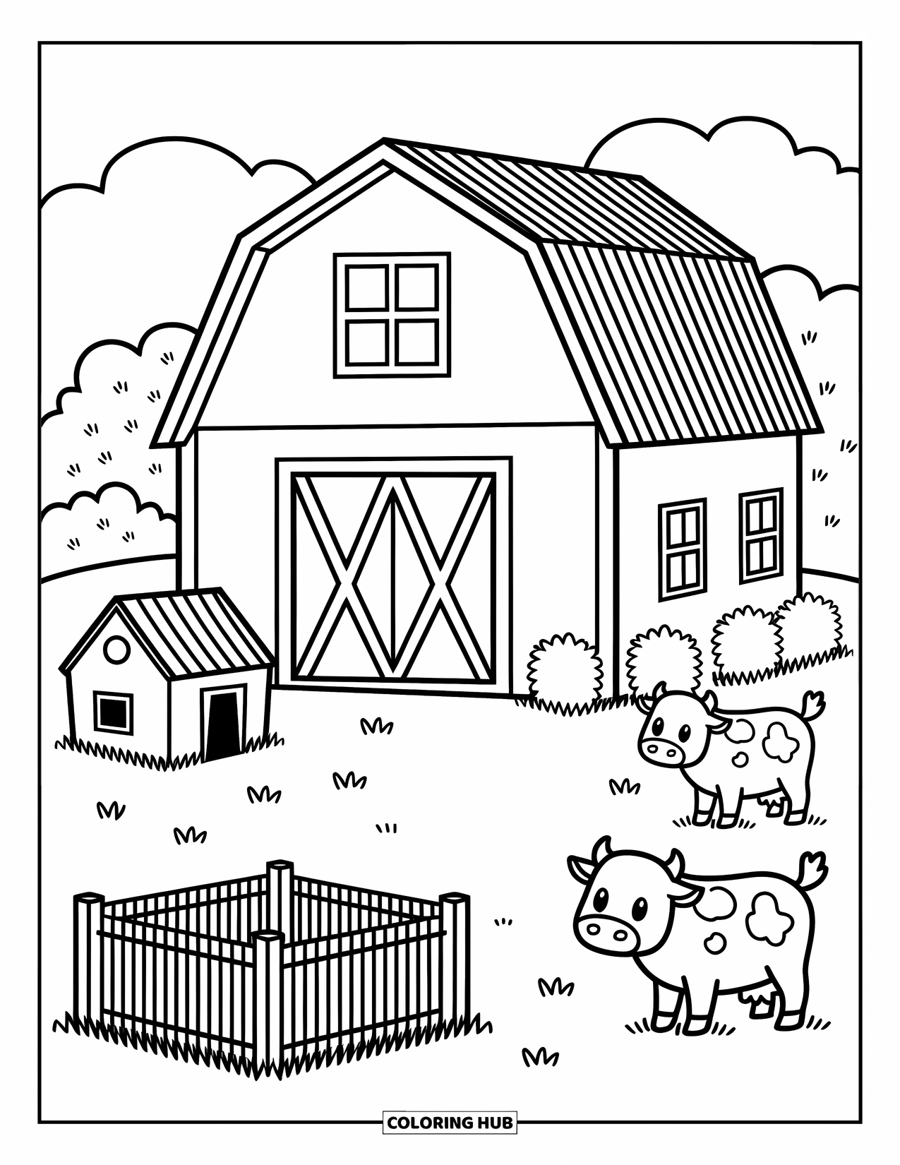 Barn Coloring Page for Adults: A cozy barn scene with cute cows, hay stacks, and a fenced coop nearby