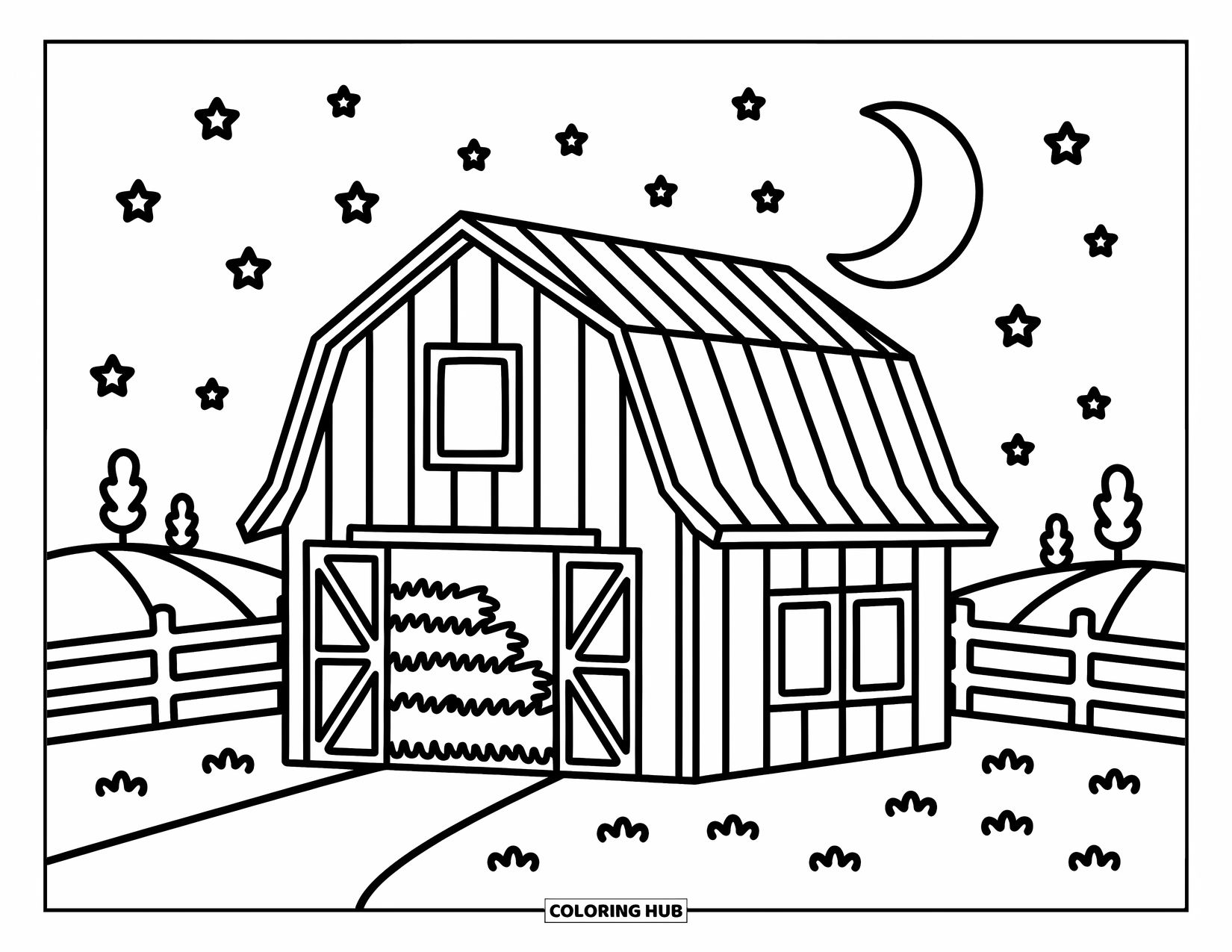 Barn Coloring Page for Adults: A cozy barn stands under a starry sky with hay inside and hills around