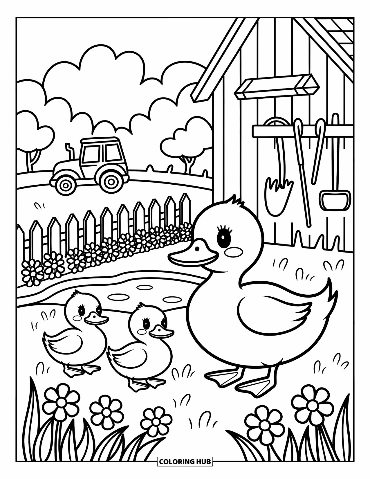 Barn Coloring Page for Adults: A duck family walks near a pond, barn tools, and blooming flowers