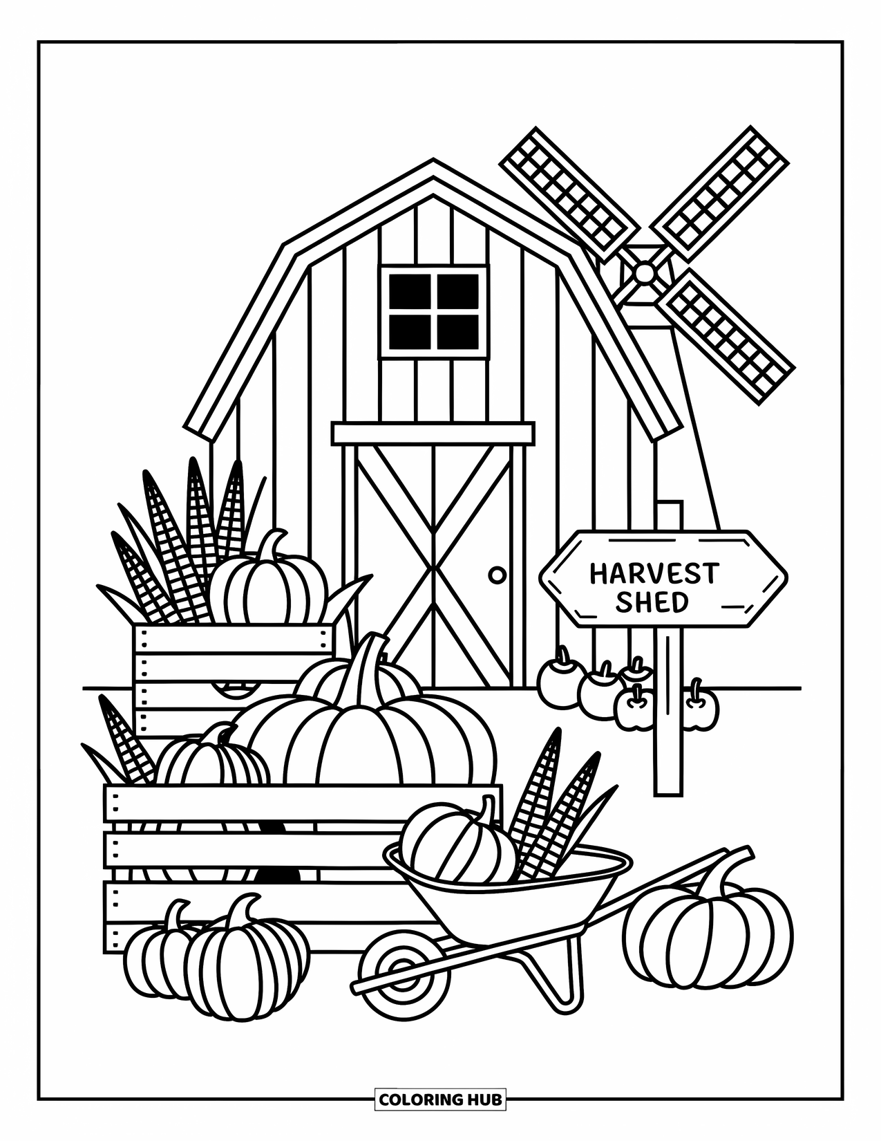 Barn Coloring Page for Adults: A harvest shed sign points to pumpkins, apples, and squash by a rustic barn