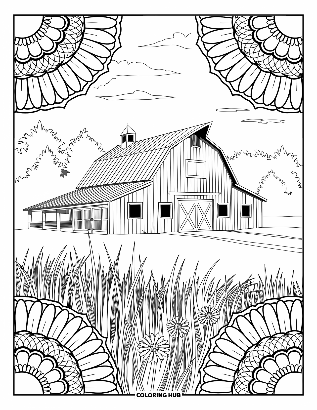 Barn Coloring Page for Adults: A meadow barn is nestled in mandalas of daisies and sunflowers under a clear sky