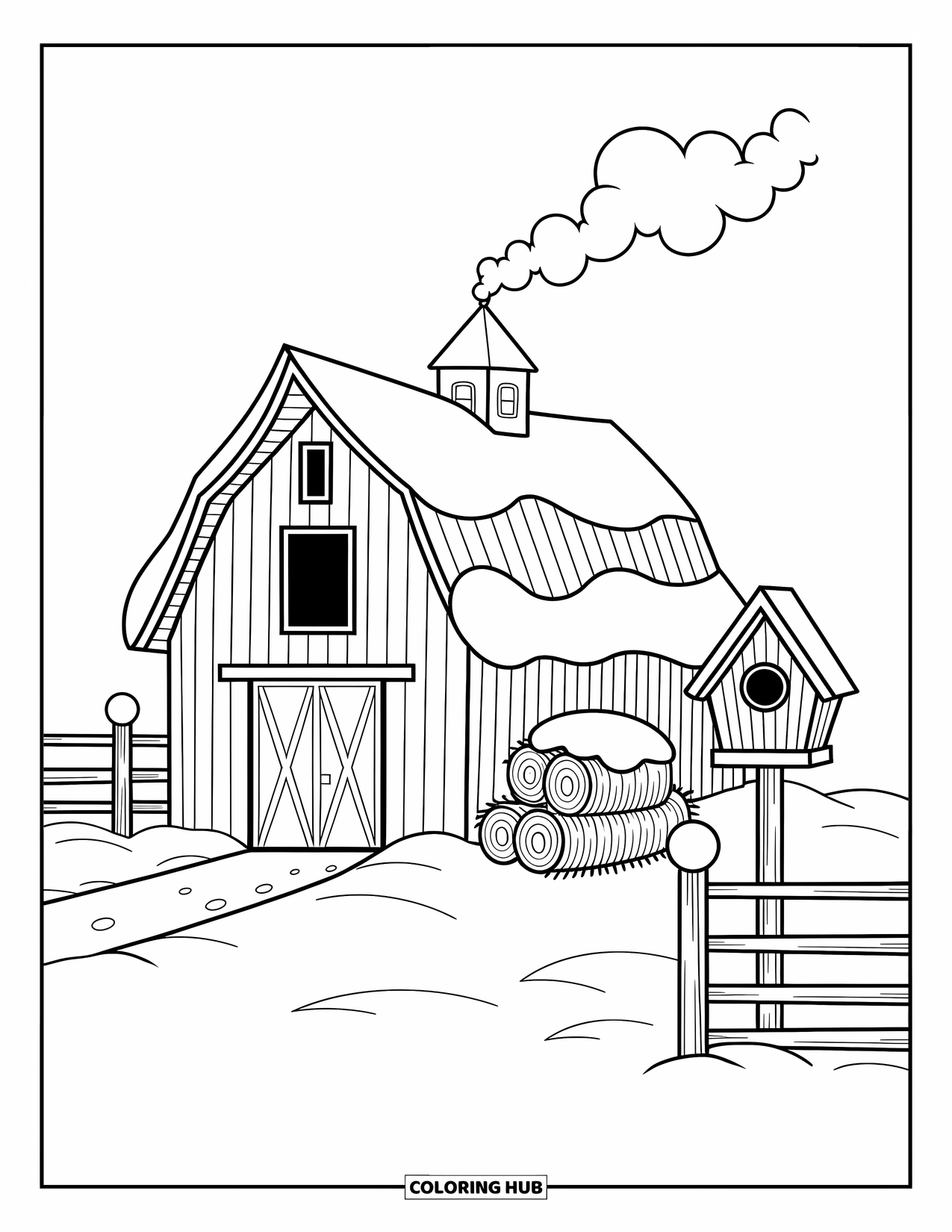 Barn Coloring Page for Adults: A pointed-roof barn sits in a snowy field with a cozy birdhouse on a post