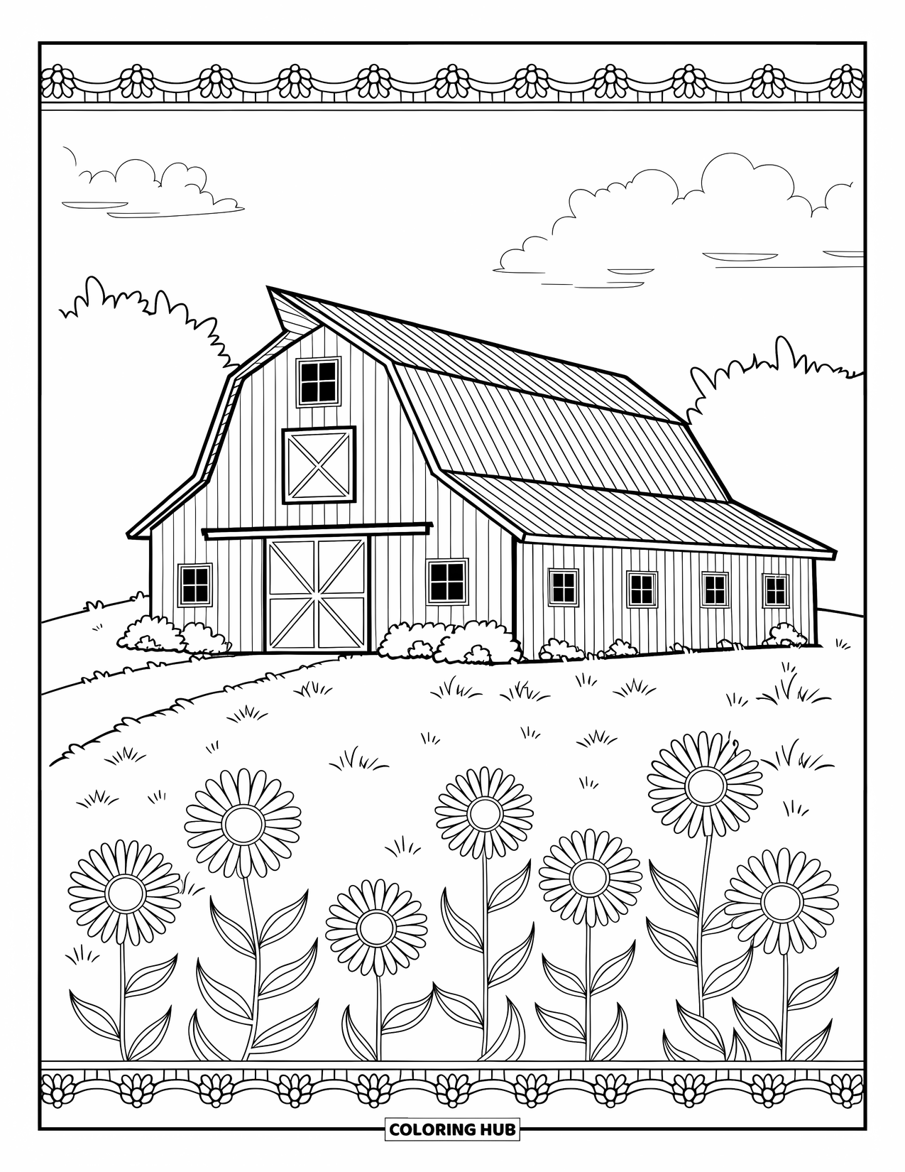 Barn Coloring Page for Adults: A red-doored barn sits in tall grass framed by sunflower and daisy mandalas