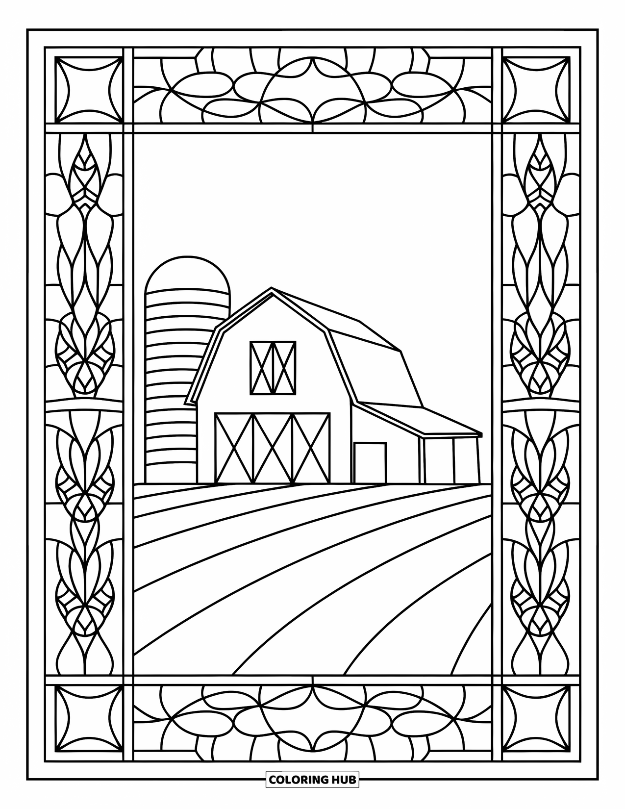 Barn Coloring Page for Adults: A silo and barn are centered in a stained glass layout filled with vines