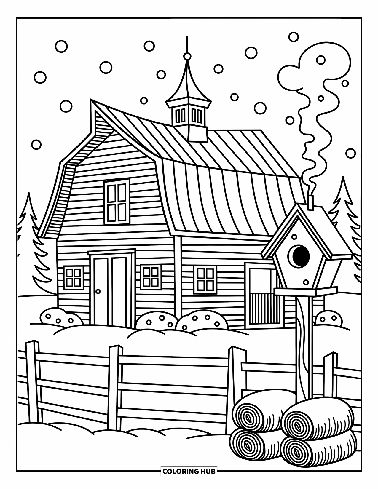 Barn Coloring Page for Adults: A snowy barn scene features smoke from the chimney and a perched birdhouse