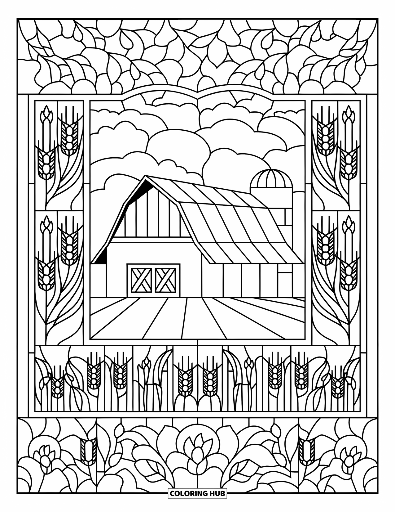 Barn Coloring Page for Adults: A thatched barn and silo are surrounded by decorative stained glass crop designs