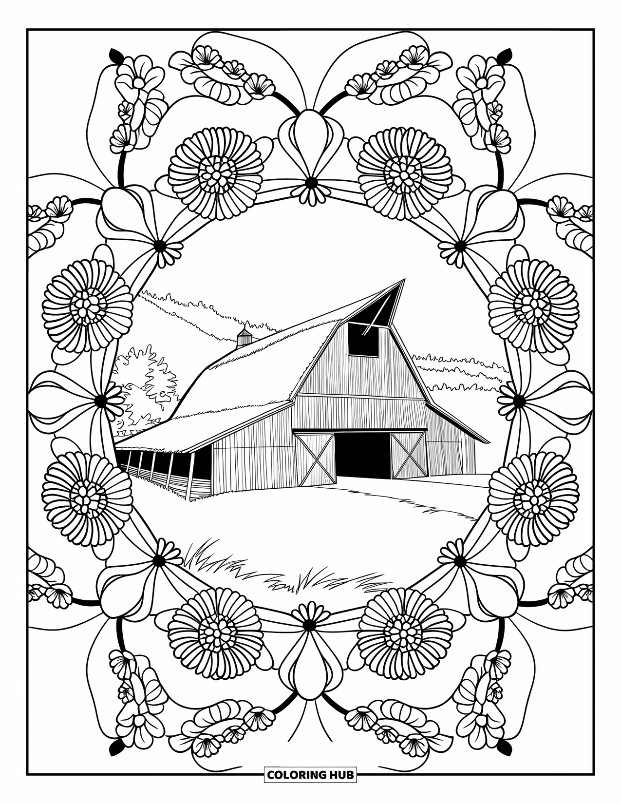 Barn Coloring Page for Adults: A thatched-roof barn is framed by roses, daisies, and other flower mandalas