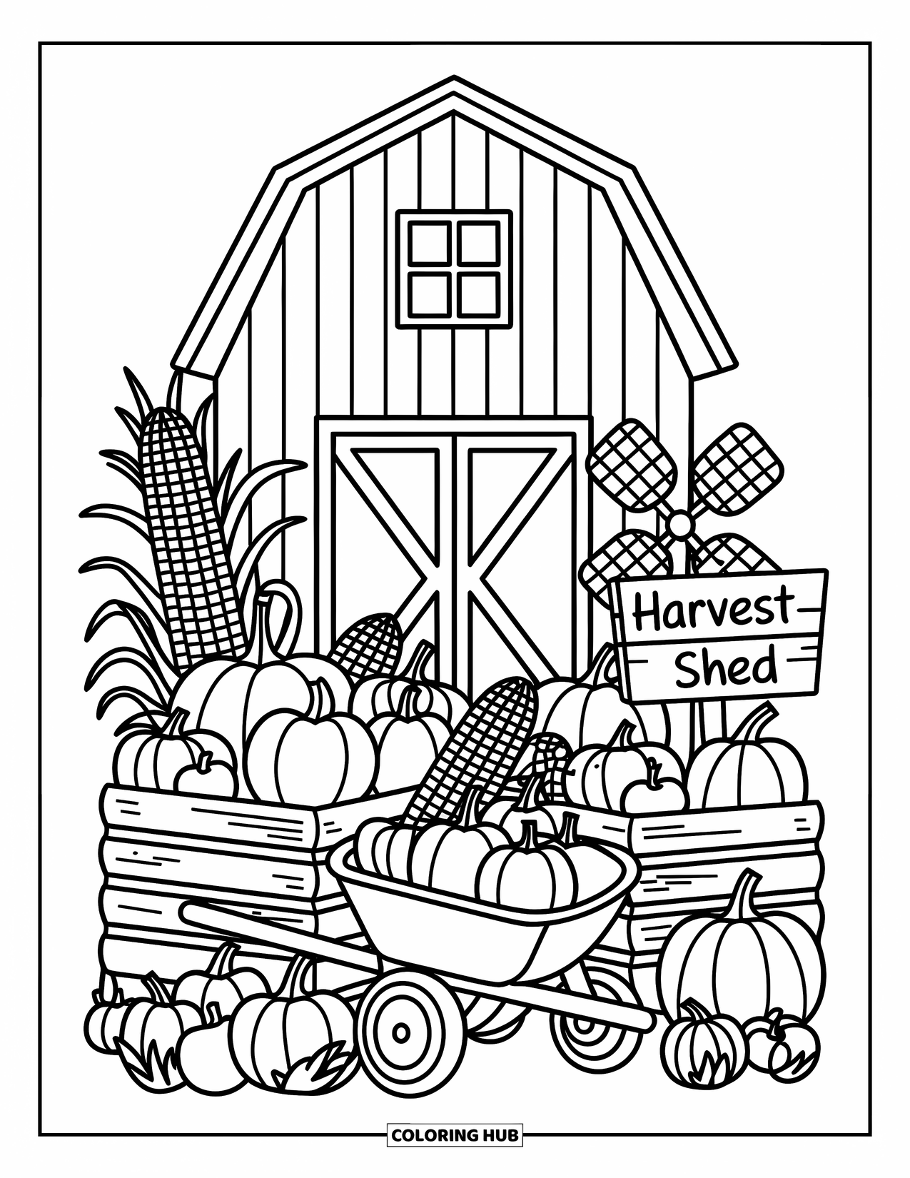 Barn Coloring Page for Adults: A wheelbarrow sits beside a barn filled with autumn crates and a tiny windmill