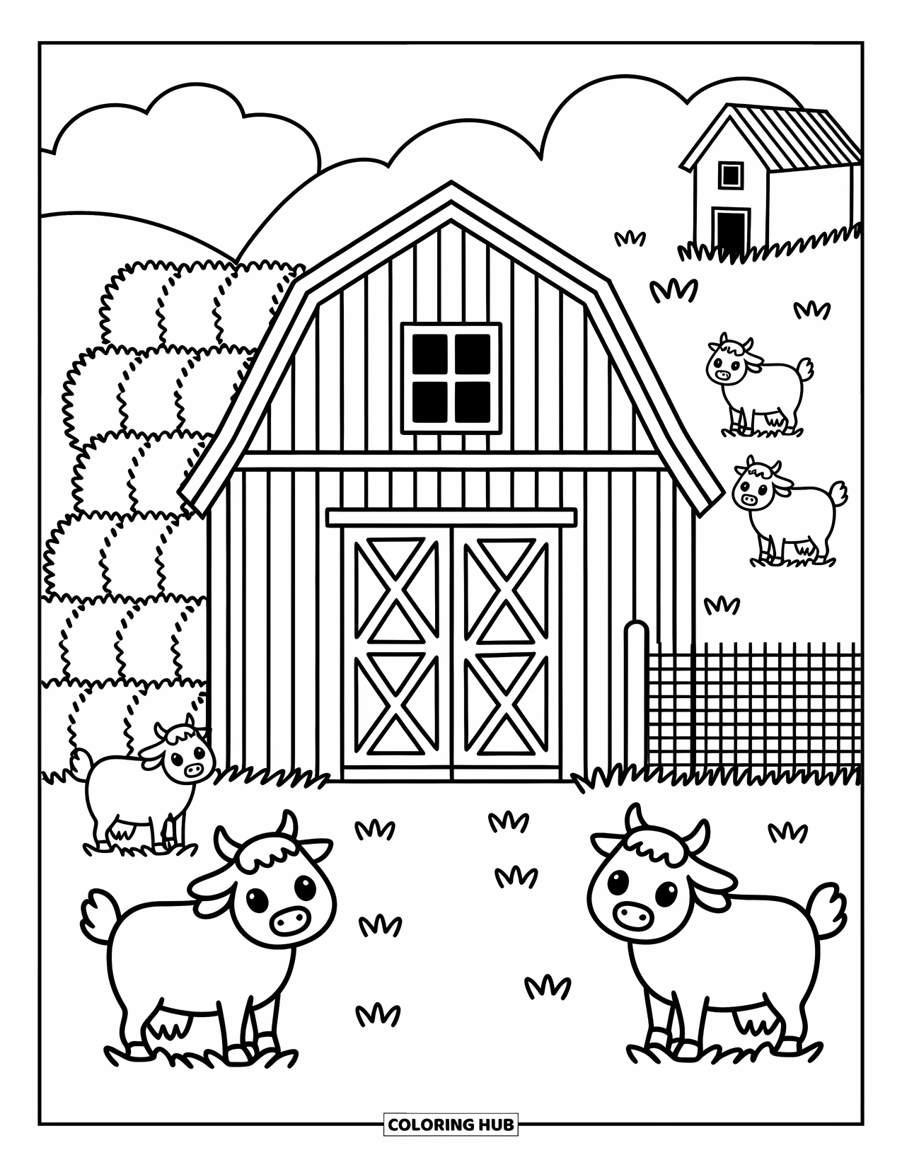 Barn Coloring Page for Adults: A wide-door barn sits beside hay bales and a fenced coop with grazing cows