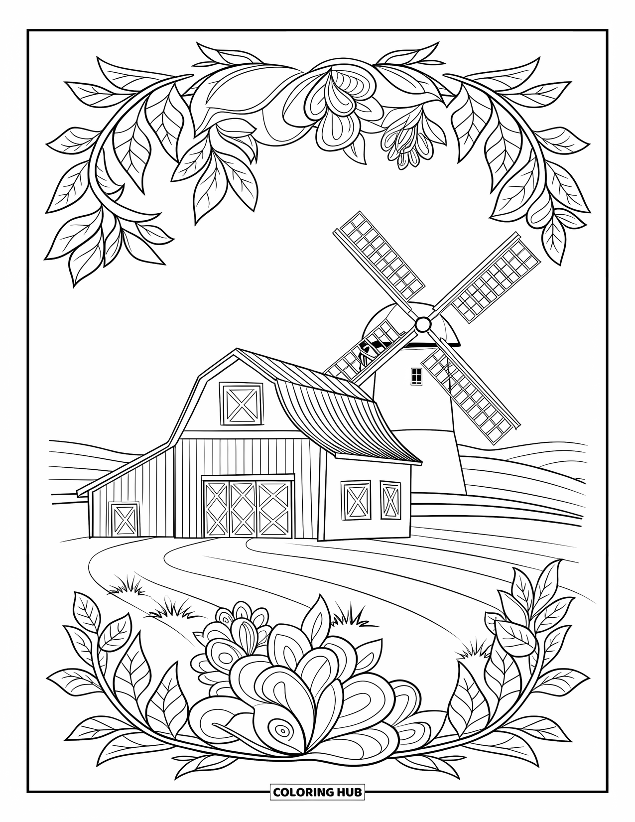 Barn Coloring Page for Adults: A windmill and barn sit peacefully among leafy vines and floral mandala petals
