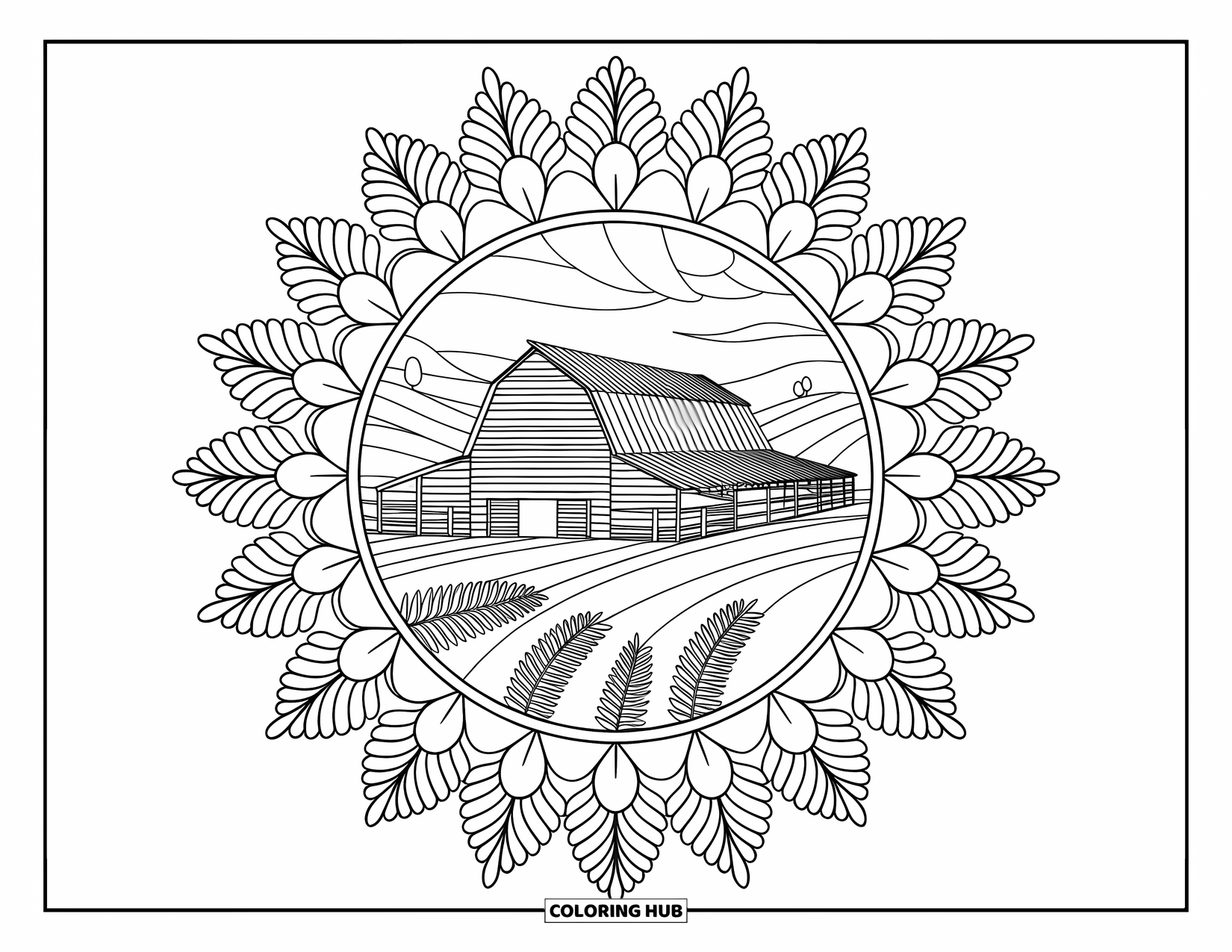 Barn Coloring Page for Adults: A wooden barn is nestled in a floral mandala of sunflowers and ferns