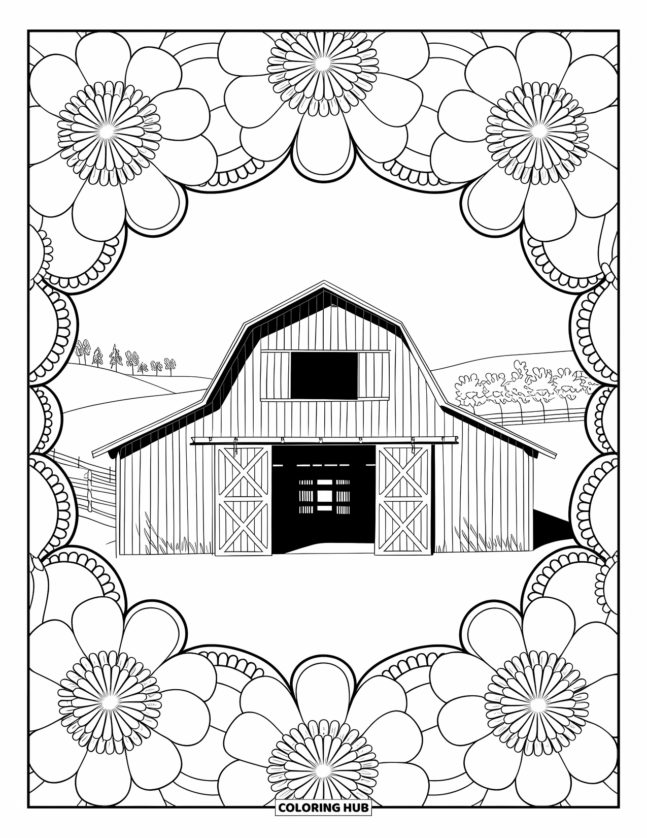 Barn Coloring Page for Adults: An open barn rests in the middle of layered flower mandalas and gentle hills