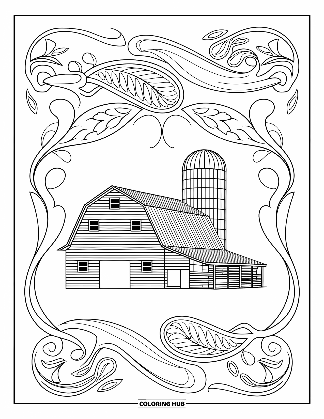 Barn Coloring Page for Adults: Bold patterns and paisley fill a page with a barn and silo in the middle