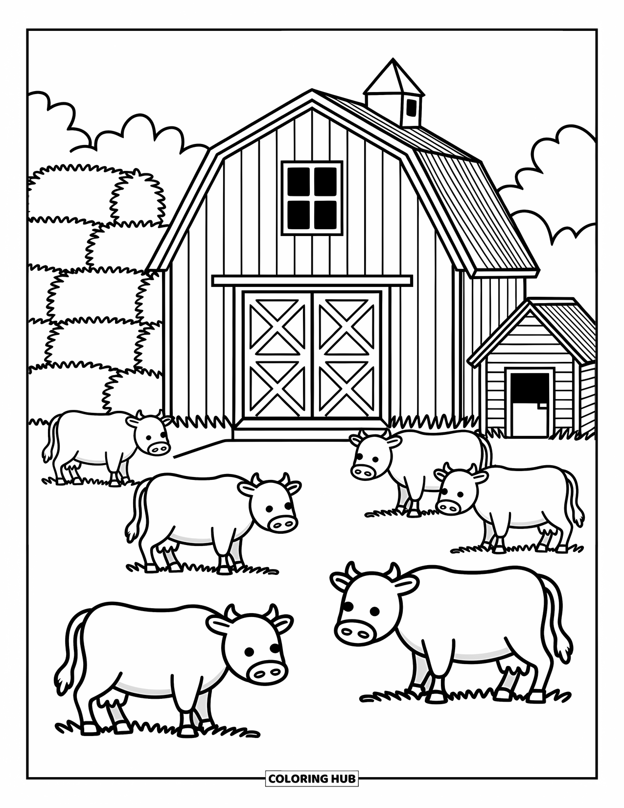 Barn Coloring Page for Adults: Cows graze peacefully near a barn with hay bales and a cozy chicken coop