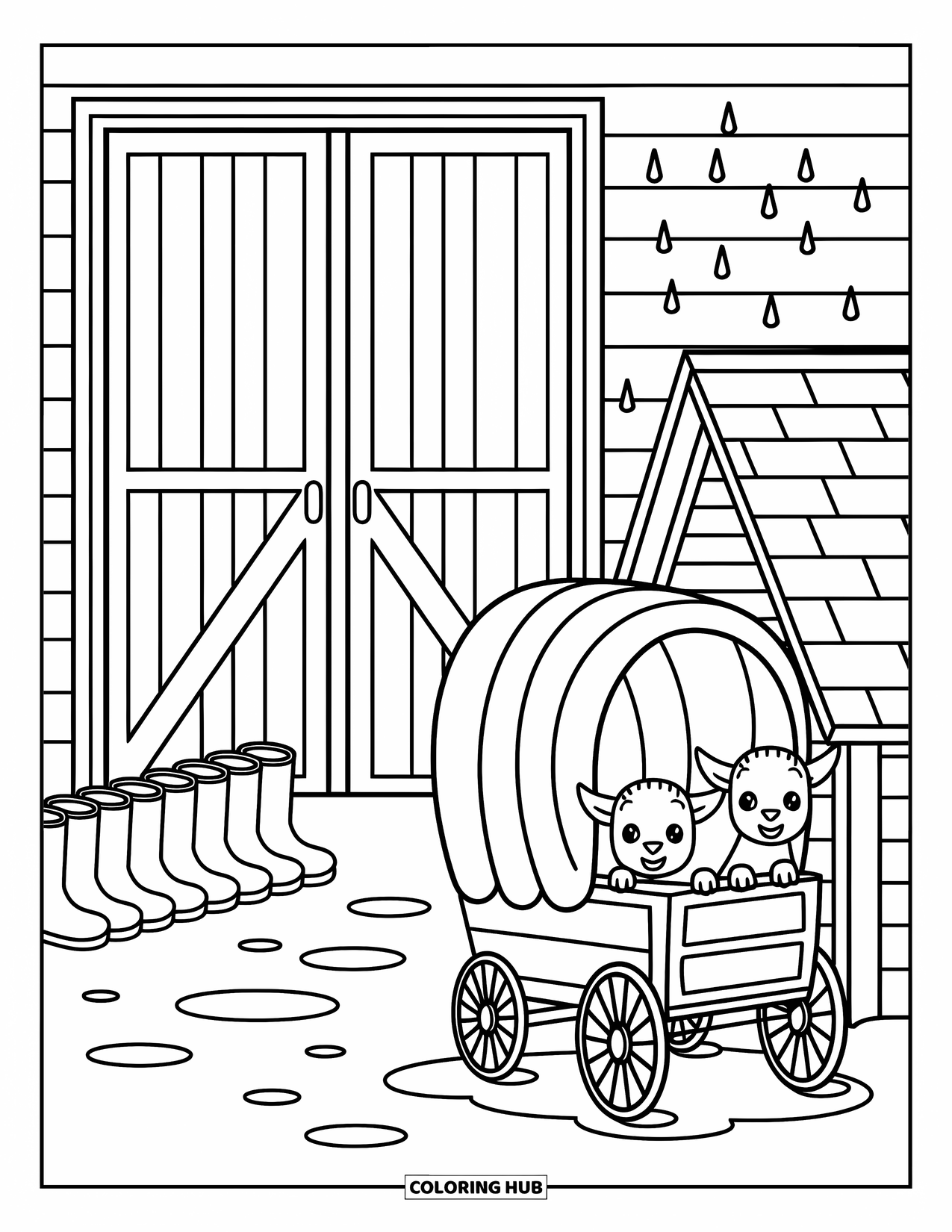 Barn Coloring Page for Adults: Drizzle falls on a barn with puddles, boots, and goats peeking from a shelter