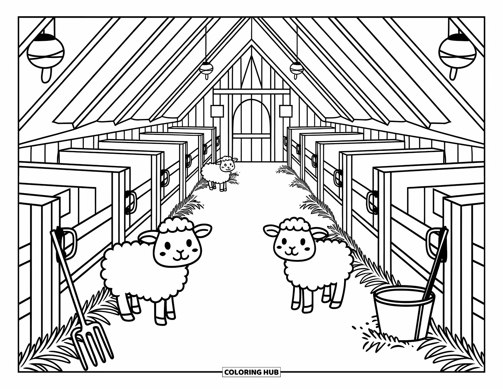 Barn Coloring Page for Adults: Farm animals nap inside a warm barn filled with hay and gentle lantern light