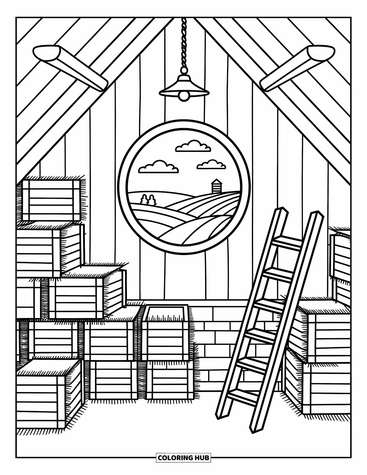 Barn Coloring Page for Adults: Hay and crates fill a barn loft with a round window showing distant hills