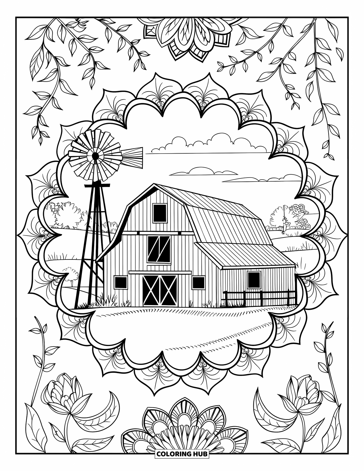 Barn Coloring Page for Adults: Intricate floral mandalas and vines frame a barn and windmill in a quiet field