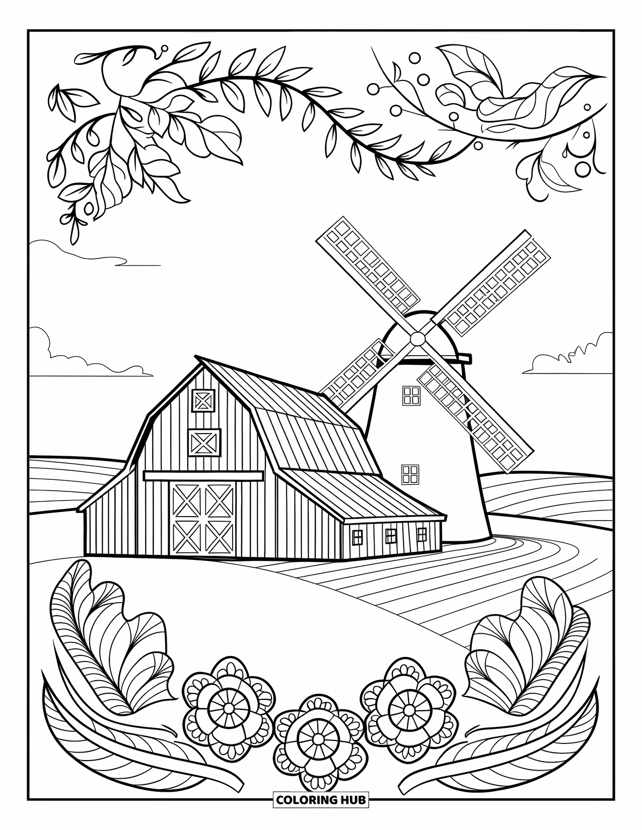 Barn Coloring Page for Adults: Leafy vines and mandala flowers frame a windmill and barn under a bright sky