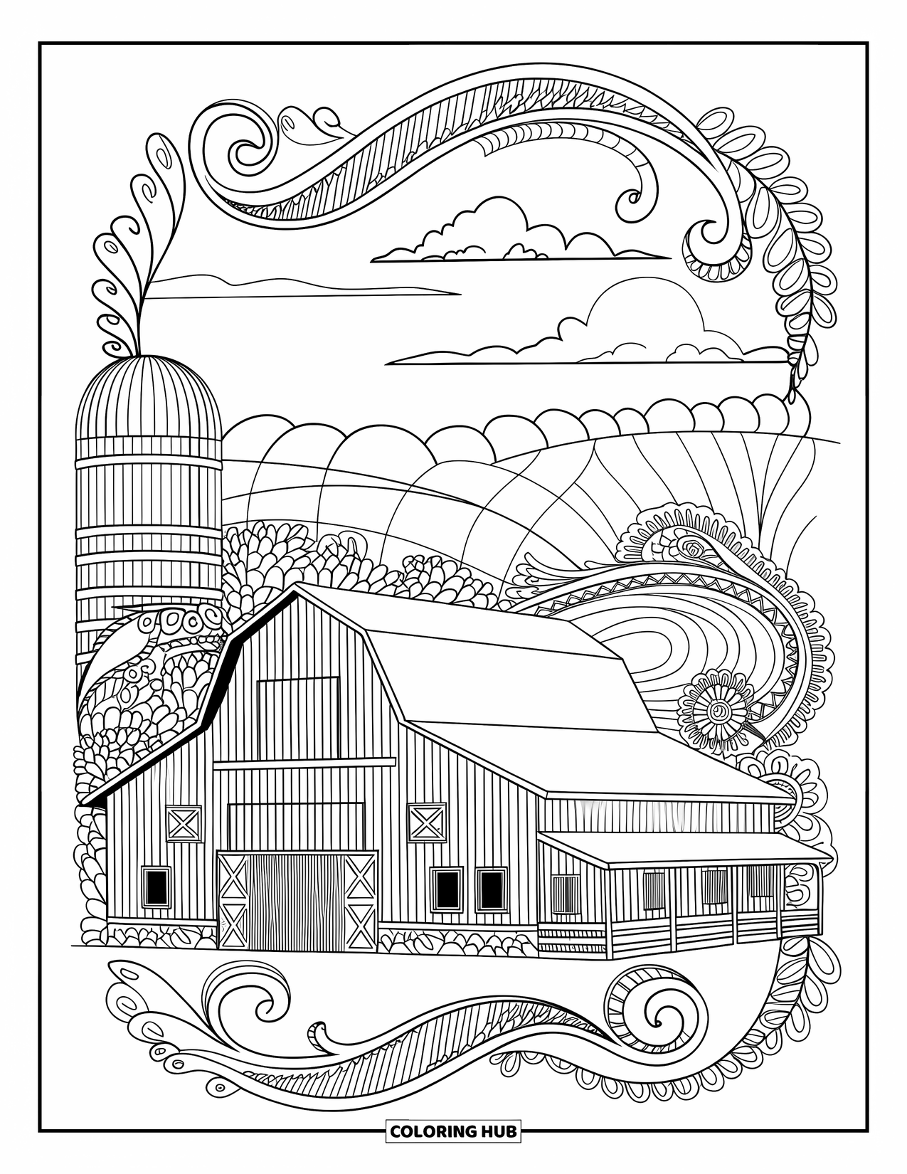 Barn Coloring Page for Adults: Ornamental swirls surround a barn and silo in a countryside mandala scene