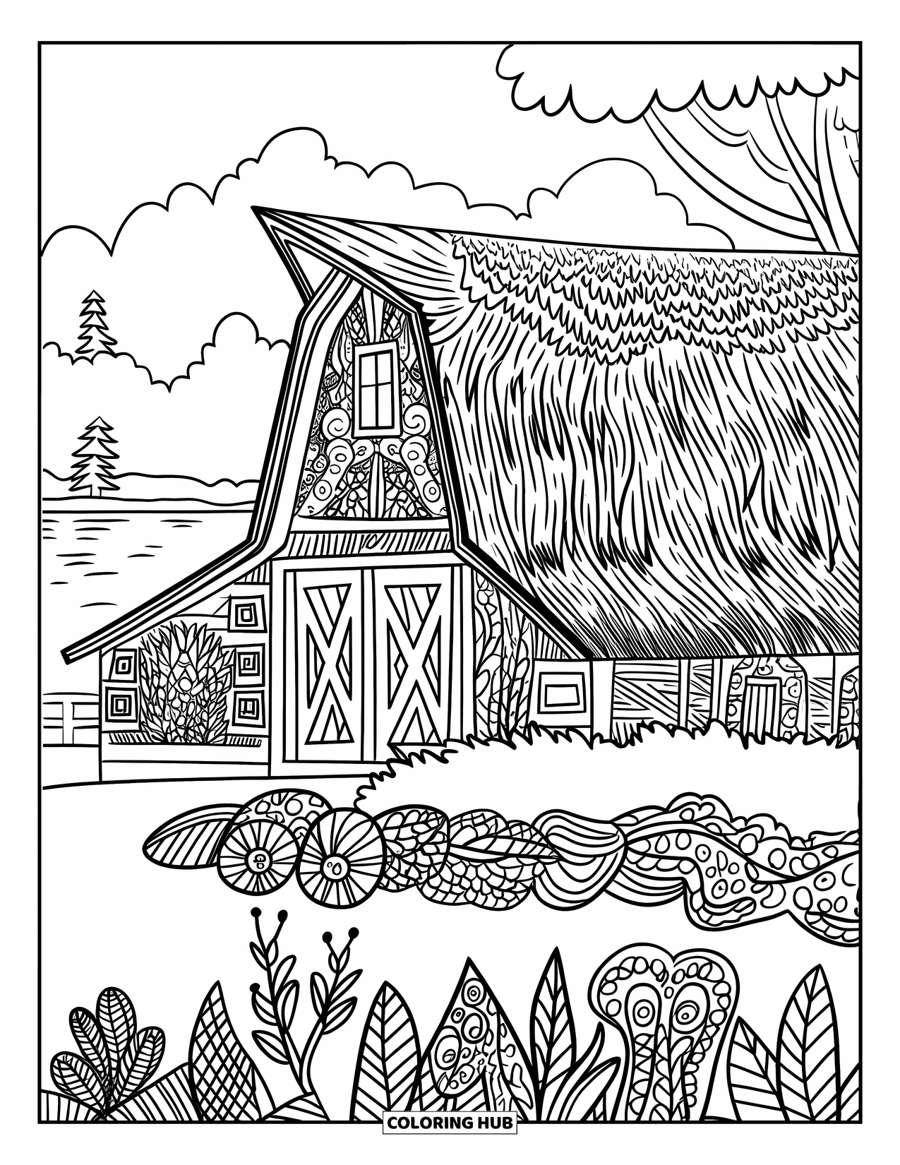 Barn Coloring Page for Adults: Plants and flowers surround a barn in a countryside-themed stained glass layout