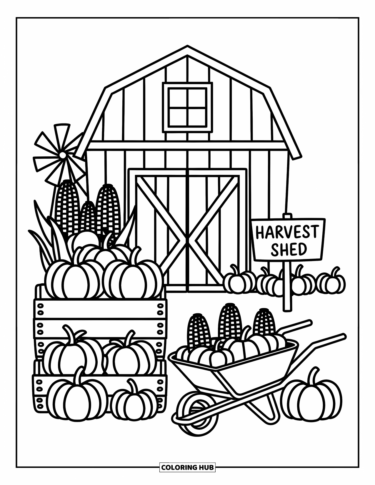 Barn Coloring Page for Adults: Pumpkins and crates line up near a barn in a cozy autumn harvest scene