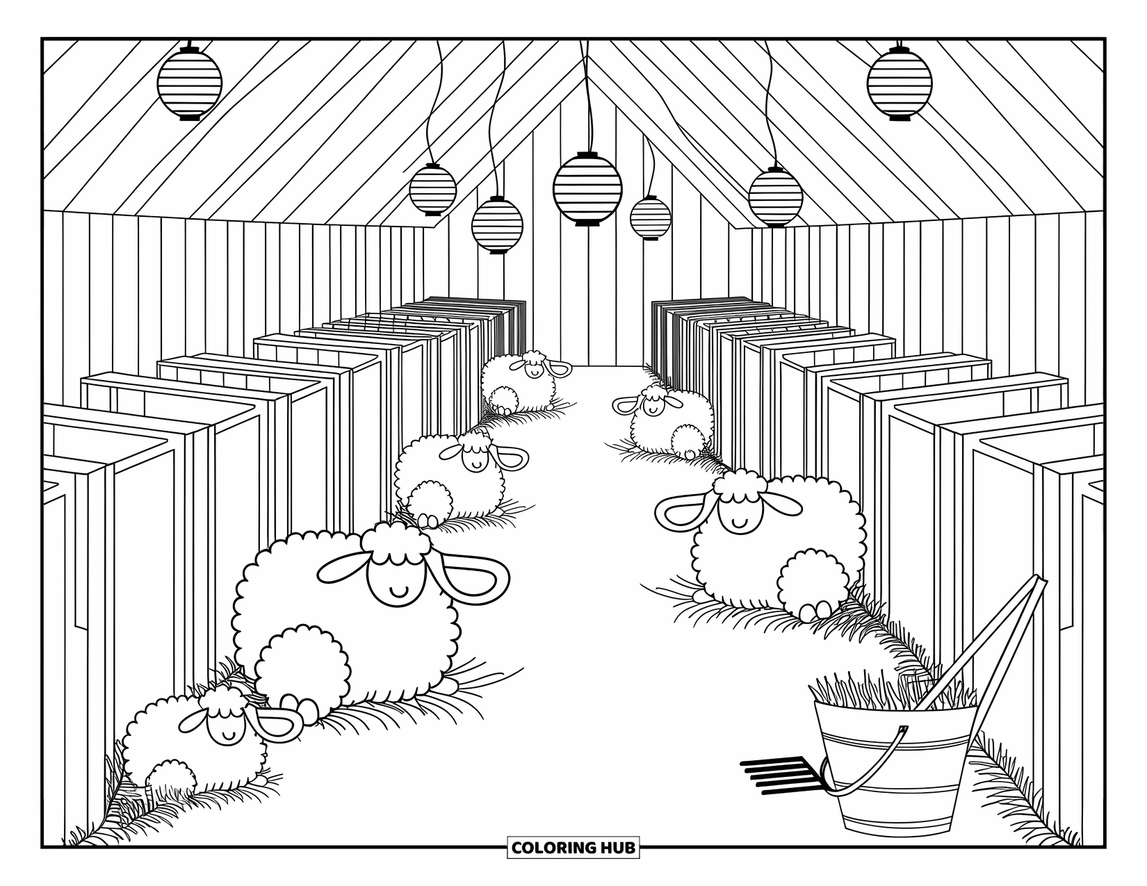Barn Coloring Page for Adults: Rows of sheep and calves rest inside a cozy barn lit by hanging lanterns
