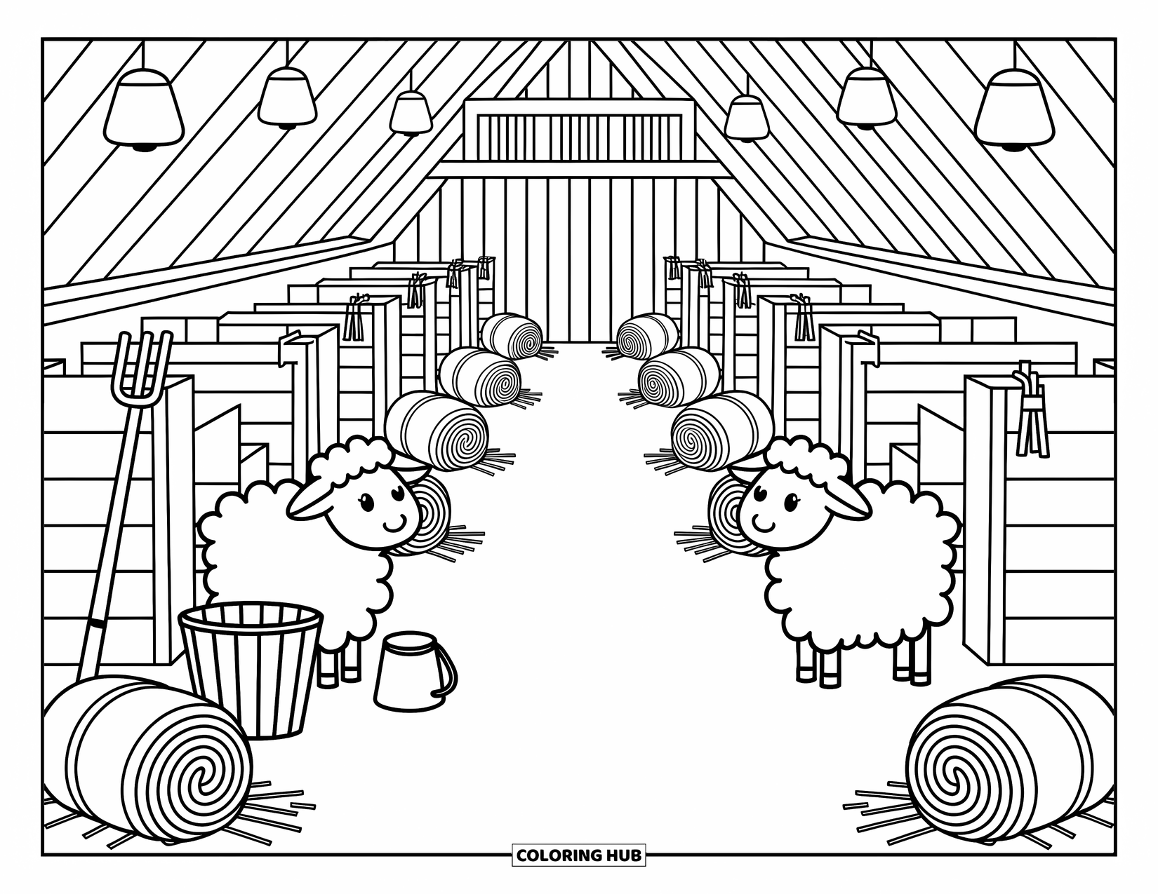 Barn Coloring Page for Adults: Sheep and calves cozy up in a barn with playful hay and hanging lights